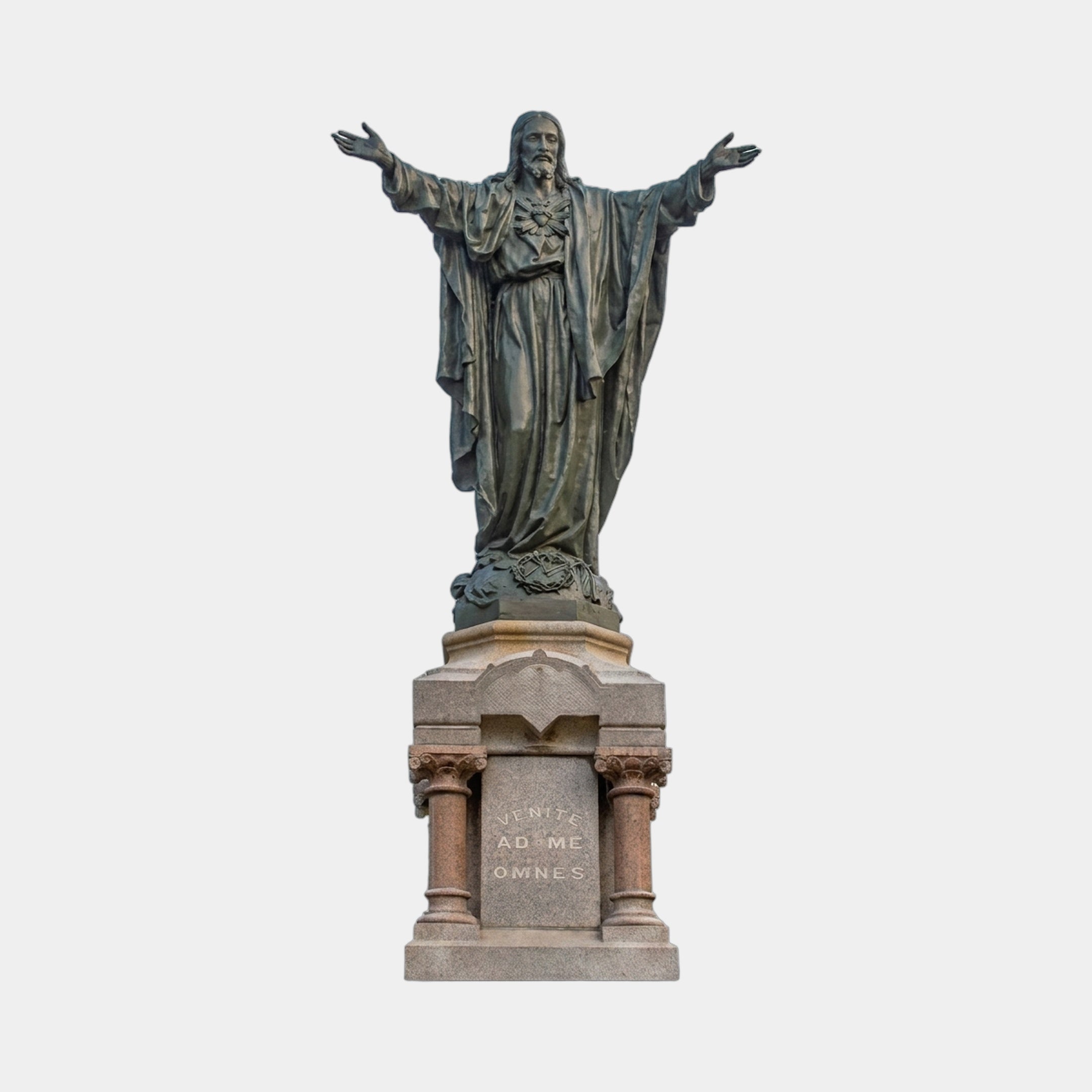 Giant Sculptures Monumental Classical Sacred Heart Jesus Bronze Statue 300cm with arms outstretched, grey-green patina, on inscribed granite pedestal, plain background.