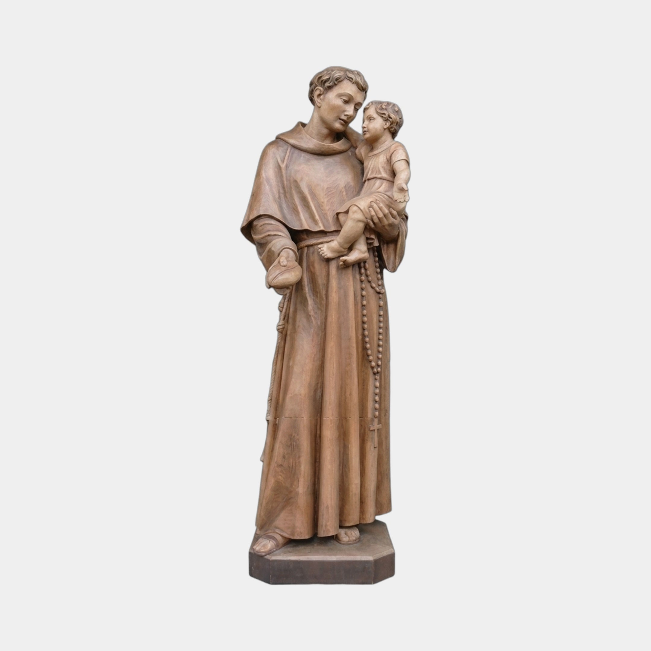 Giant Sculptures Monumental Classical Saint Anthony and Christ Child Bronze Sculpture 220cm in warm reddish-brown patina with rosary, shown on a plain background.