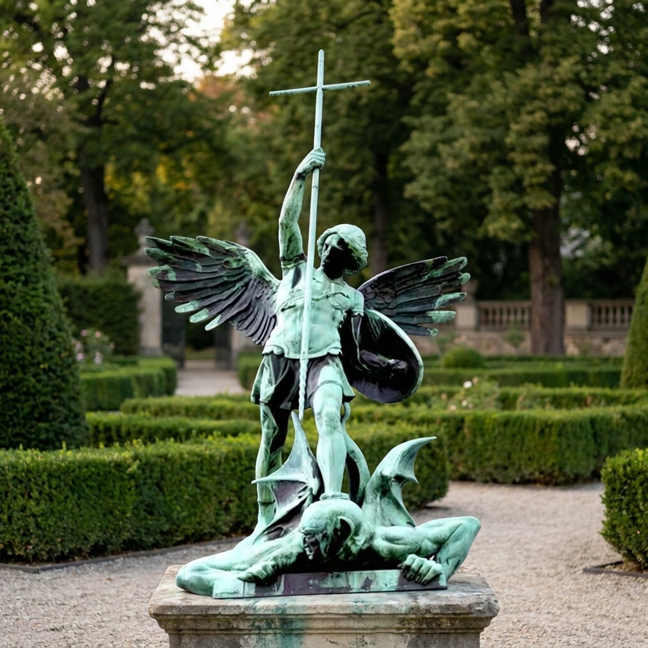 Monumental Classical Saint Michael Archangel Bronze Sculpture by Giant Sculptures with verdigris patina, raising a cross over a defeated figure in a formal garden.
