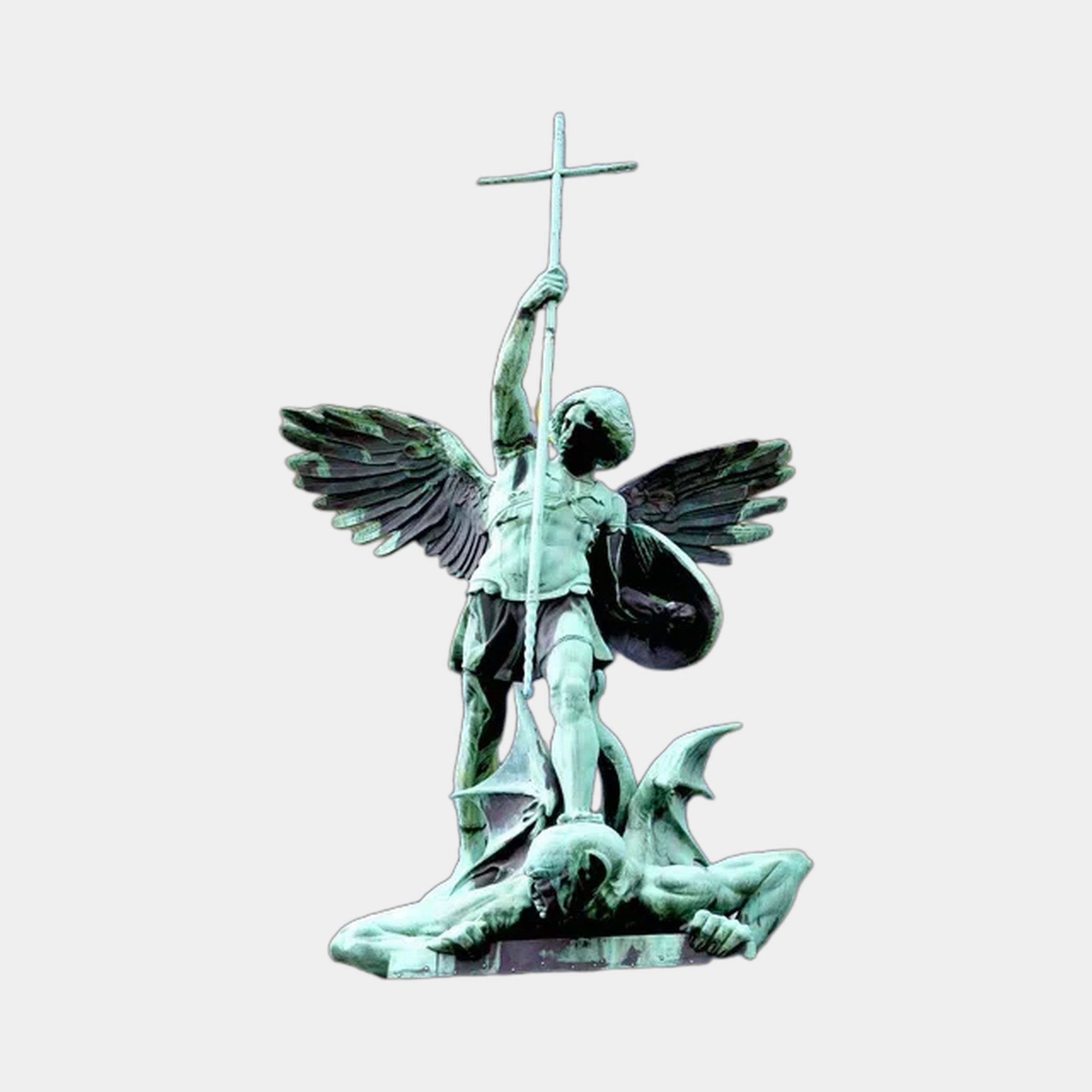 Giant Sculptures' 300cm Monumental Classical Saint Michael Archangel Bronze Sculpture with verdigris patina, raised cross-staff, shield, and defeated figure underfoot.