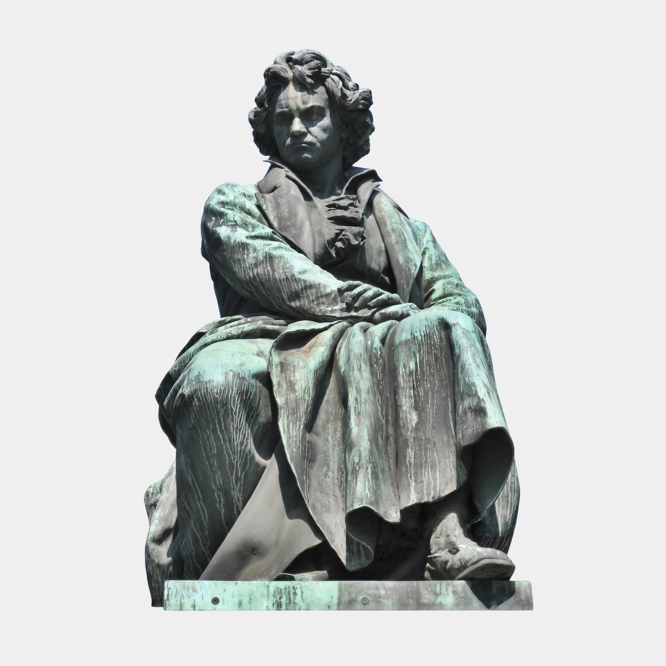 Giant Sculptures Monumental Classical Seated Male Figure Bronze Sculpture 400cm, shown seated in contemplation with verdigris patina coat, against a plain light background.
