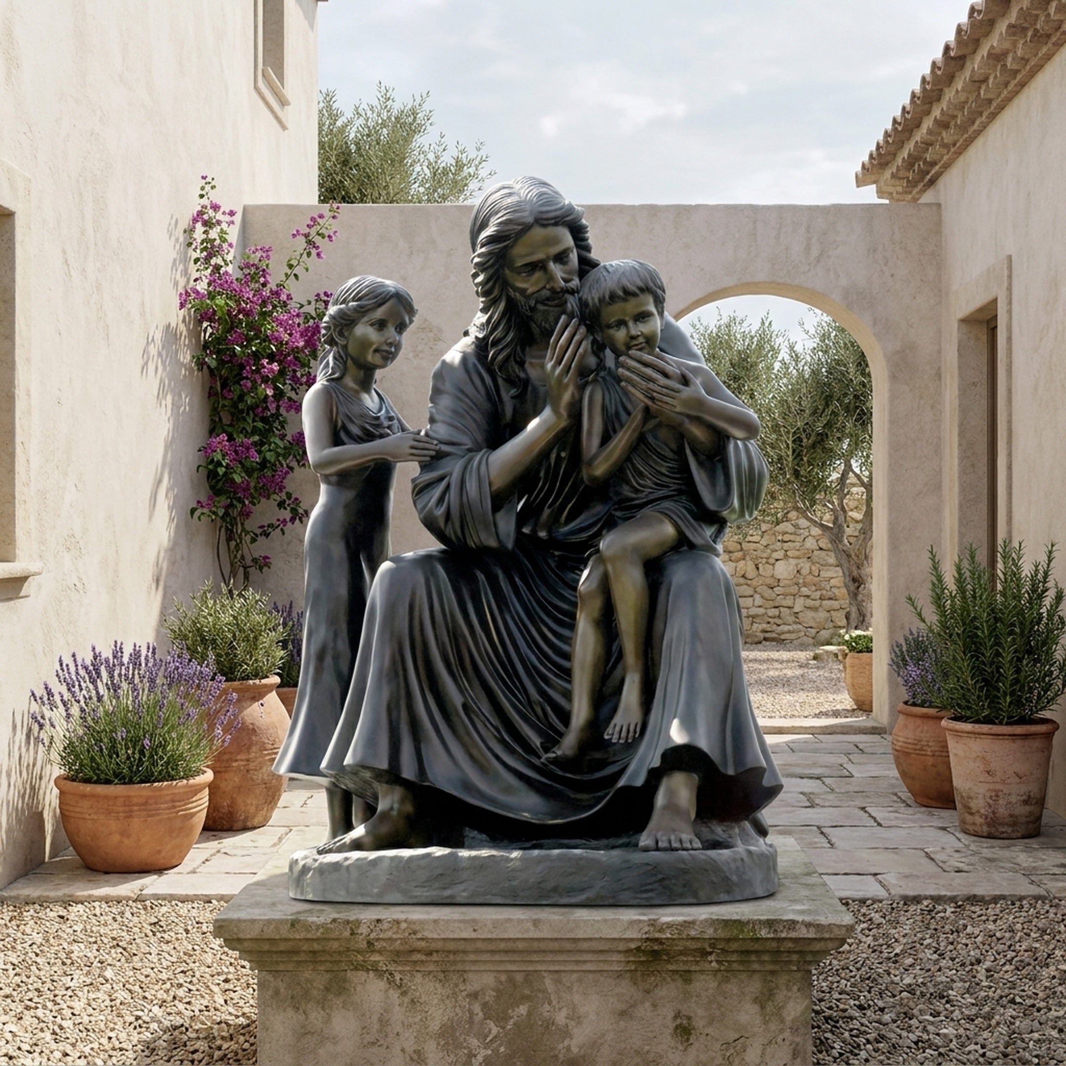 Monumental Classical Seated Robed Figure with Children Bronze Sculpture by Giant Sculptures displayed on a stone plinth in a Mediterranean courtyard.