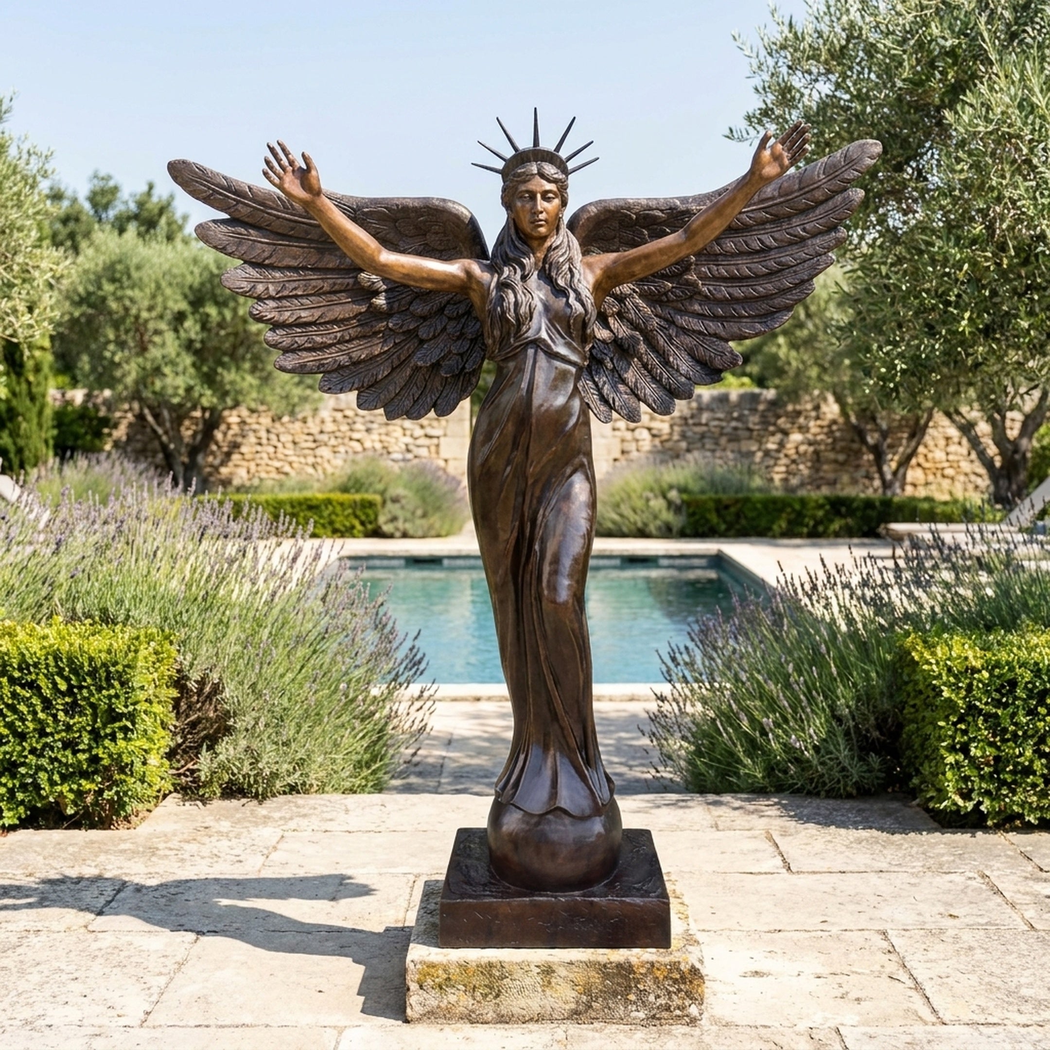 Giant Sculptures' 250cm Monumental Classical Standing Angel Bronze Sculpture with spread wings, raised arms and spiked crown, on a square base beside a garden pool.