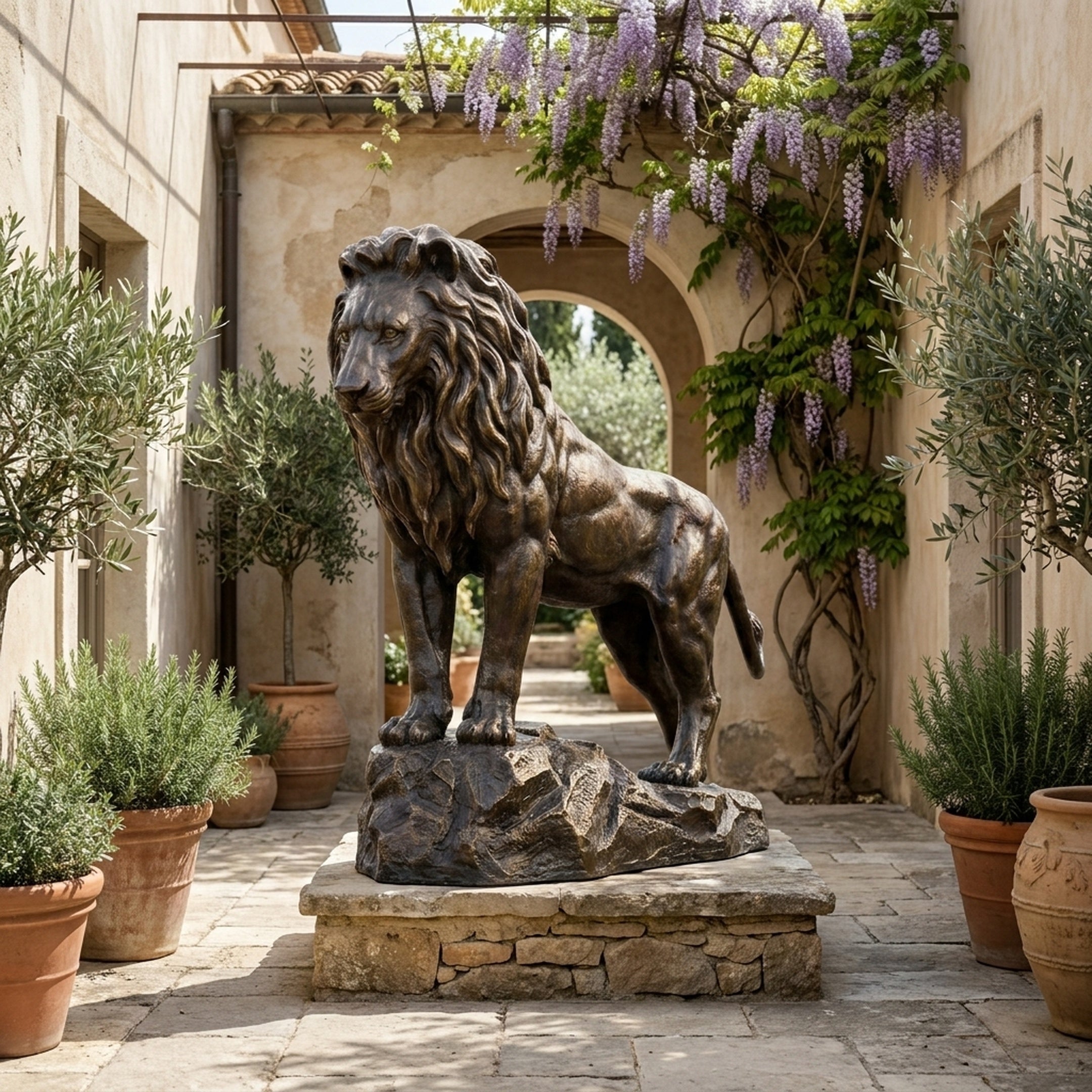 Monumental Classical Standing Lion Bronze Sculpture by Giant Sculptures on a stone plinth in a Mediterranean courtyard with wisteria and olive trees.