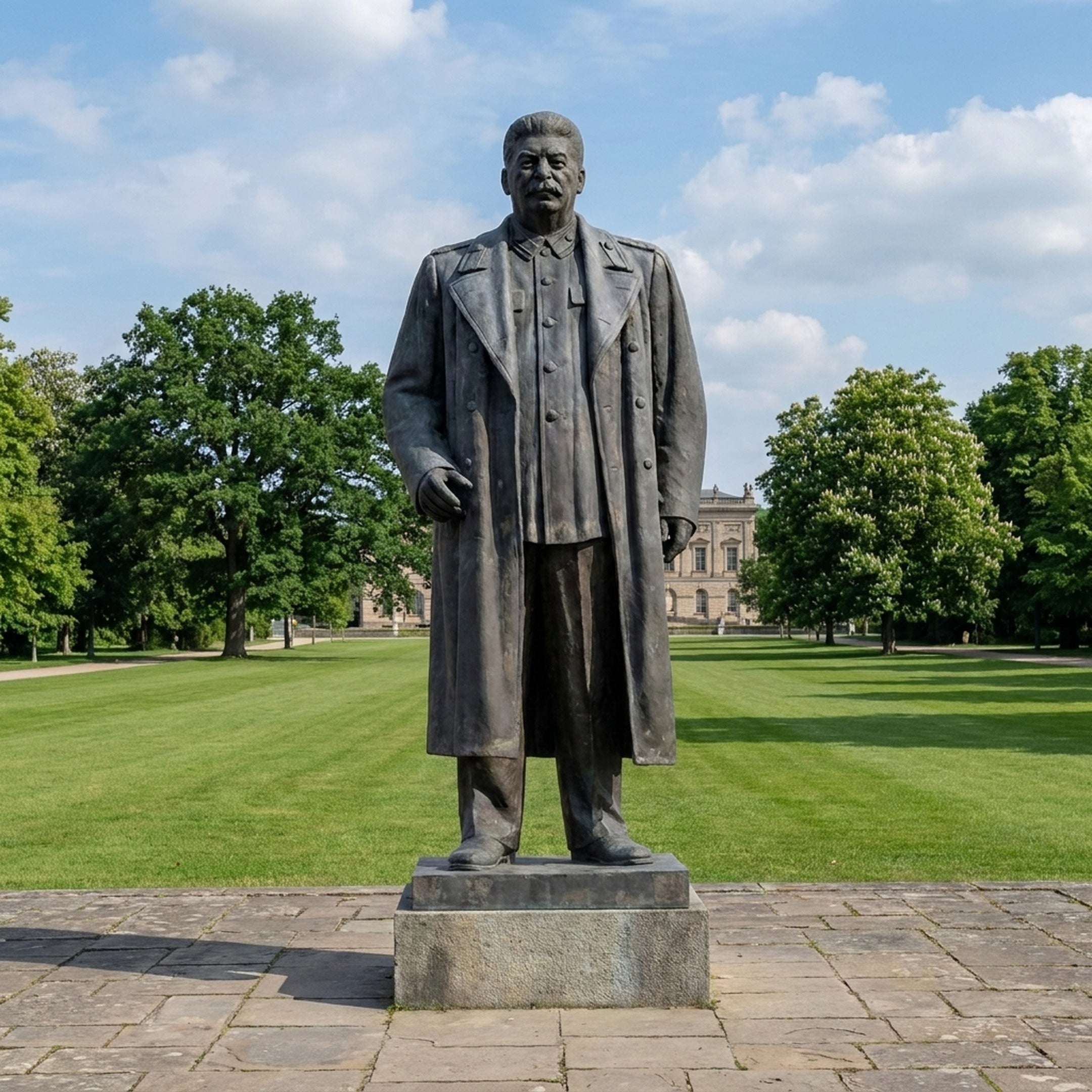 Monumental Classical Standing Military Figure Bronze Statue by Giant Sculptures, 400cm, dark patina figure in long overcoat on granite plinth in a parkland setting.
