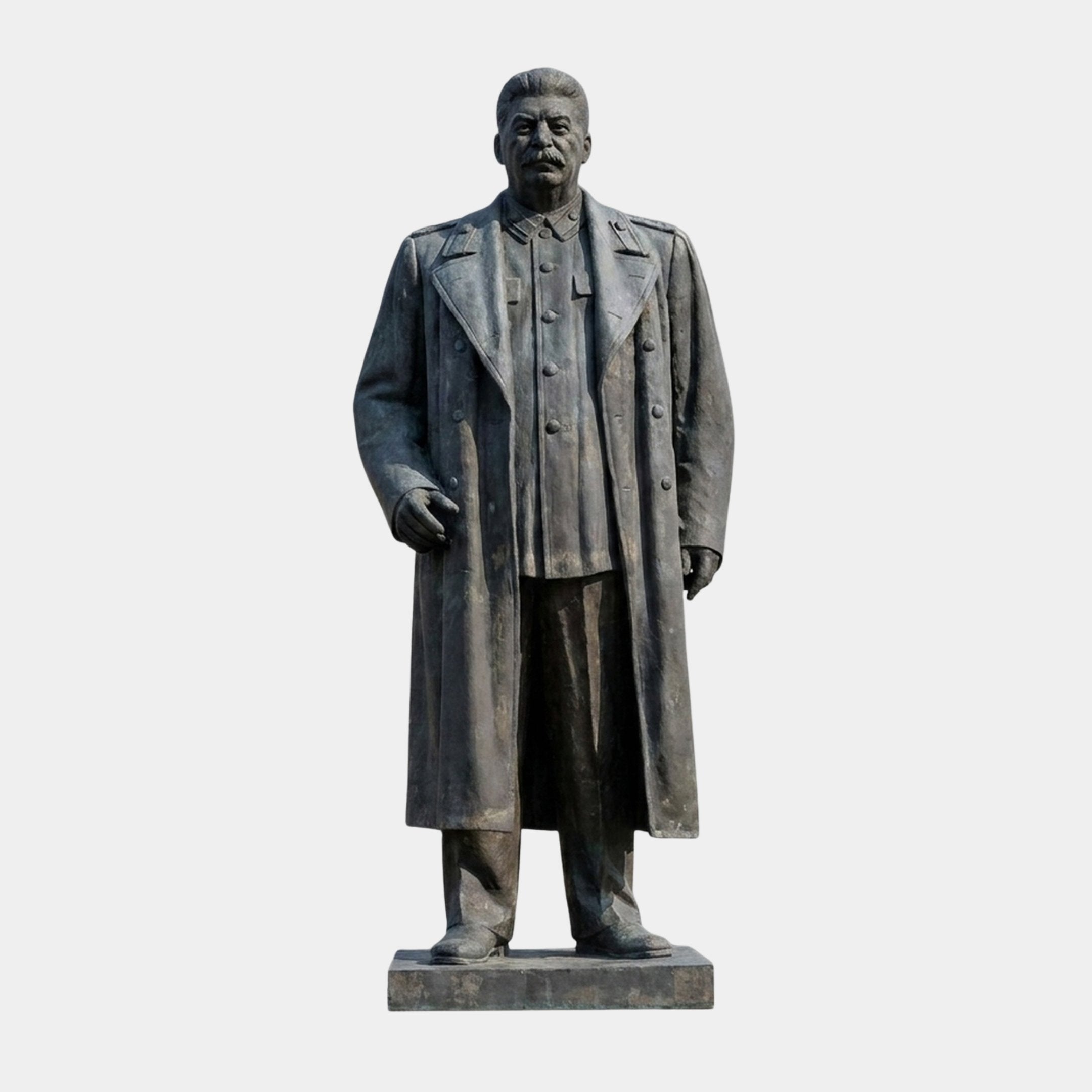 Giant Sculptures 400cm Monumental Classical Standing Military Figure Bronze Statue in a long overcoat with dark patina, on a granite base, plain background.