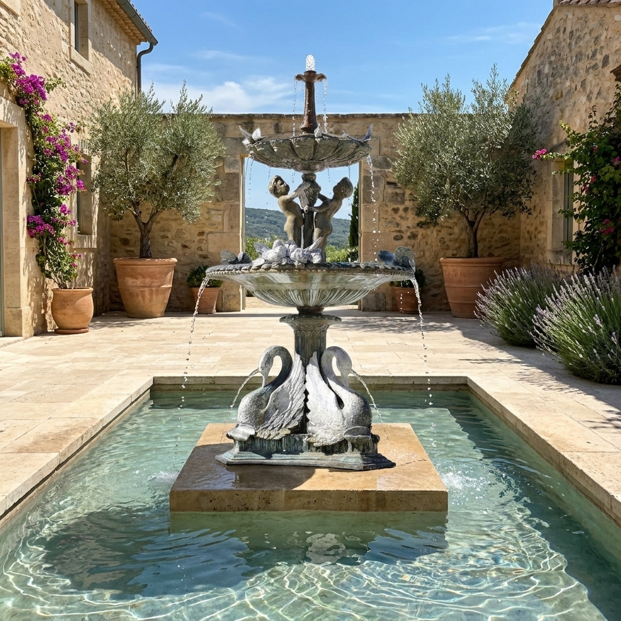 Giant Sculptures Monumental Classical Swan and Cherub Bronze Fountain in verdigris patina, set in a rectangular pool within a sunlit Mediterranean courtyard.
