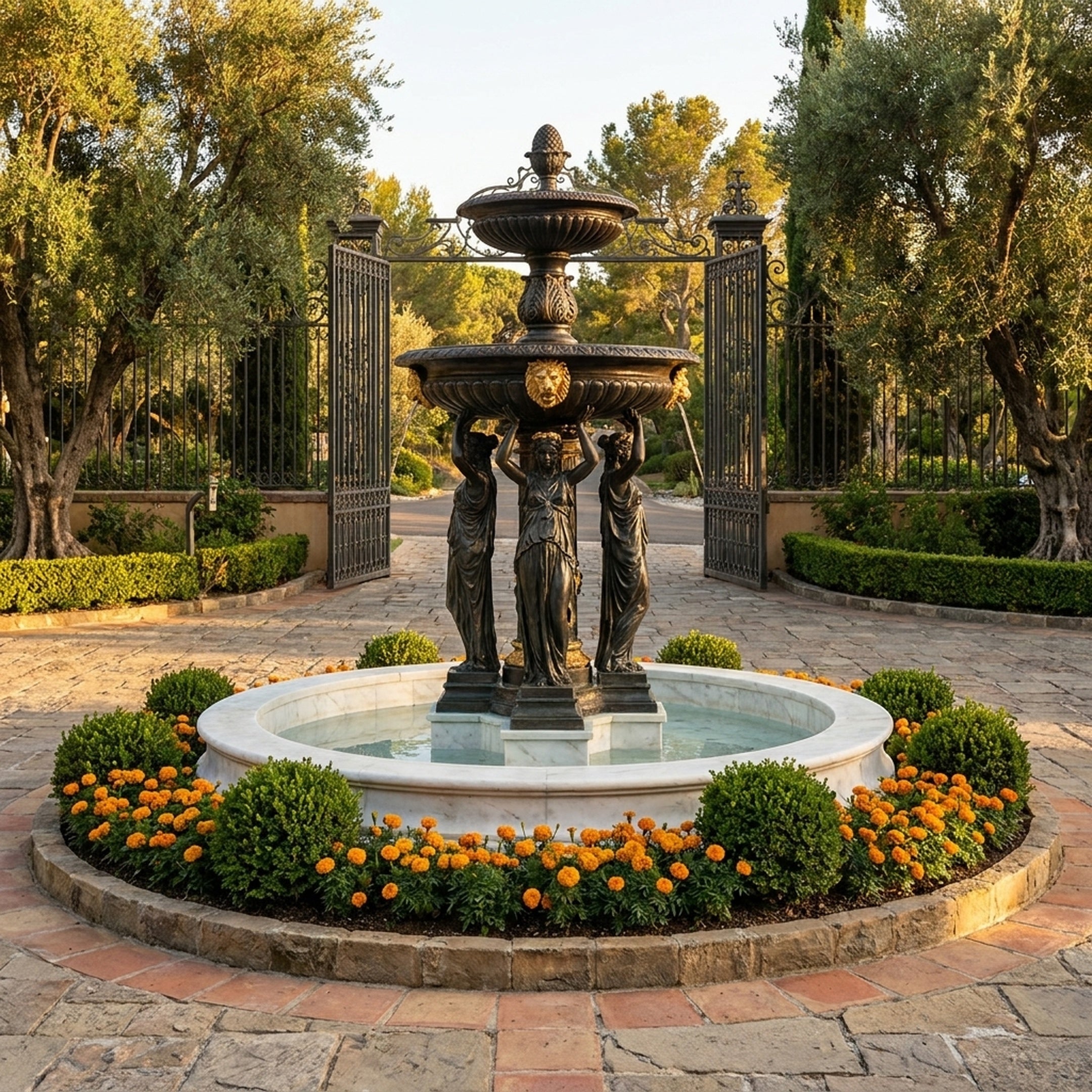 Monumental Classical Three Caryatid Figure Bronze Fountain by Giant Sculptures, 280cm, draped figures supporting tiered basins on a marble pool ringed with marigolds.