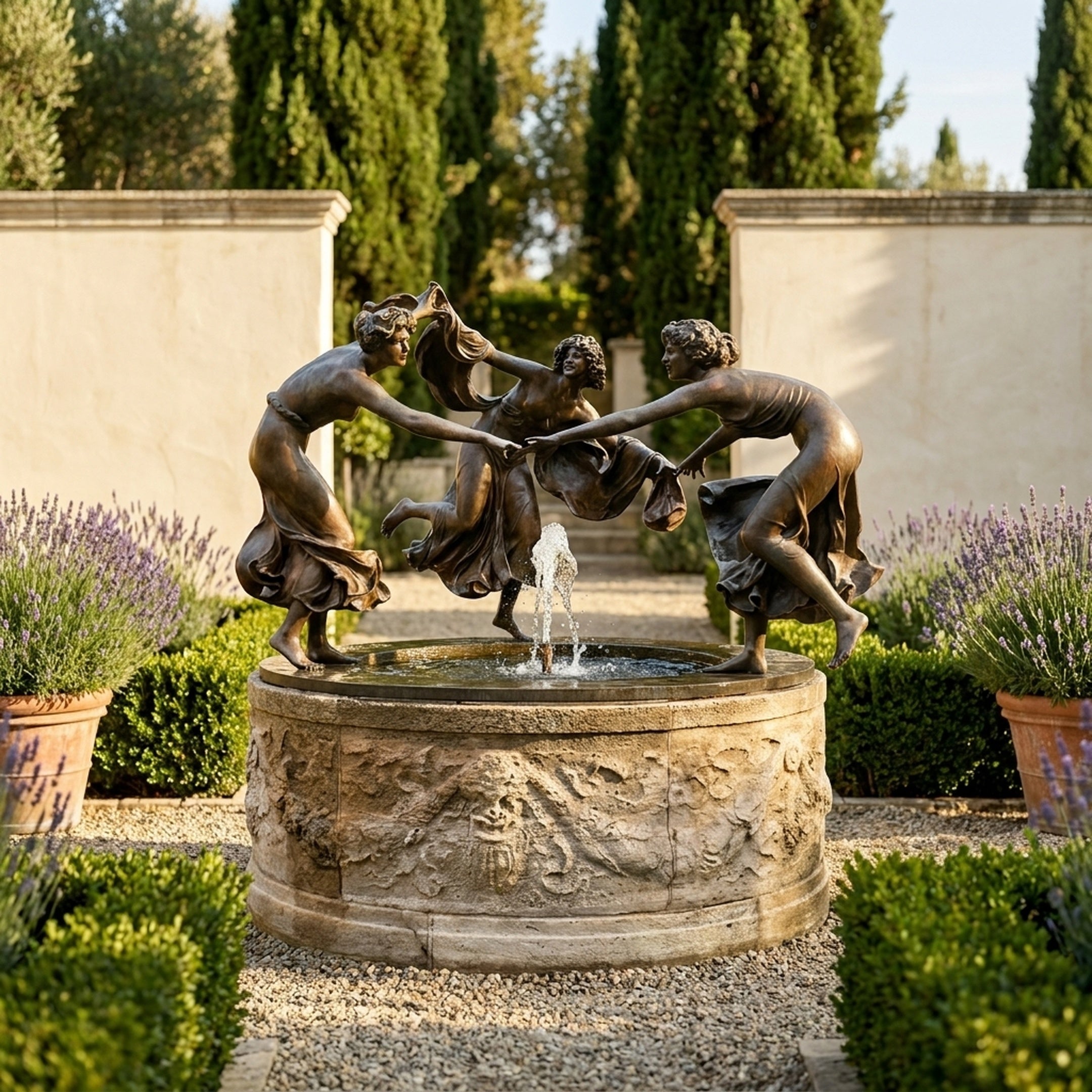Monumental Classical Three Dancing Figures Bronze Fountain by Giant Sculptures, 260cm, with semi-draped figures circling a carved stone basin in a lavender garden.
