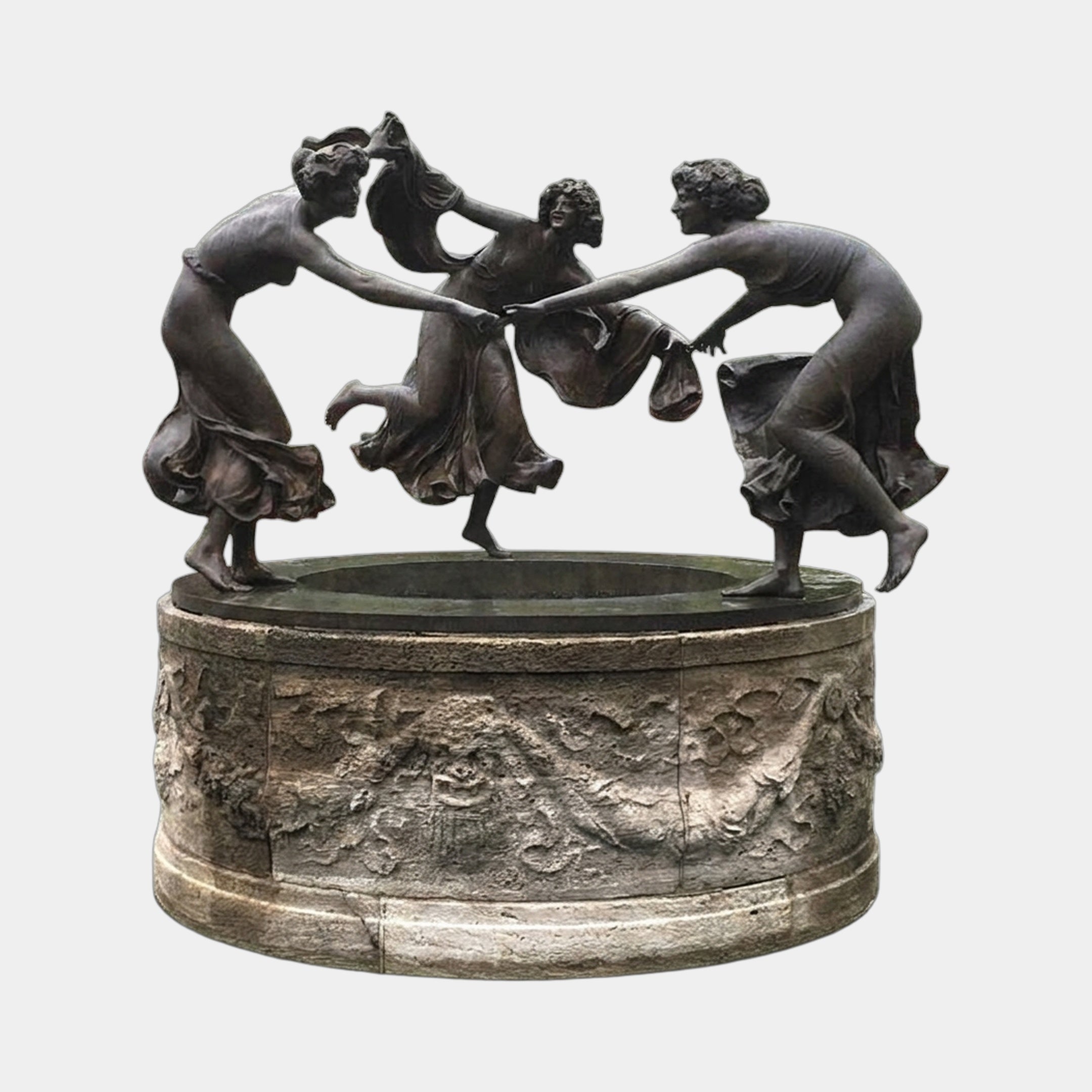 Monumental Classical Three Dancing Figures Bronze Fountain by Giant Sculptures, three semi-draped women circling hands mid-dance on a carved stone basin.