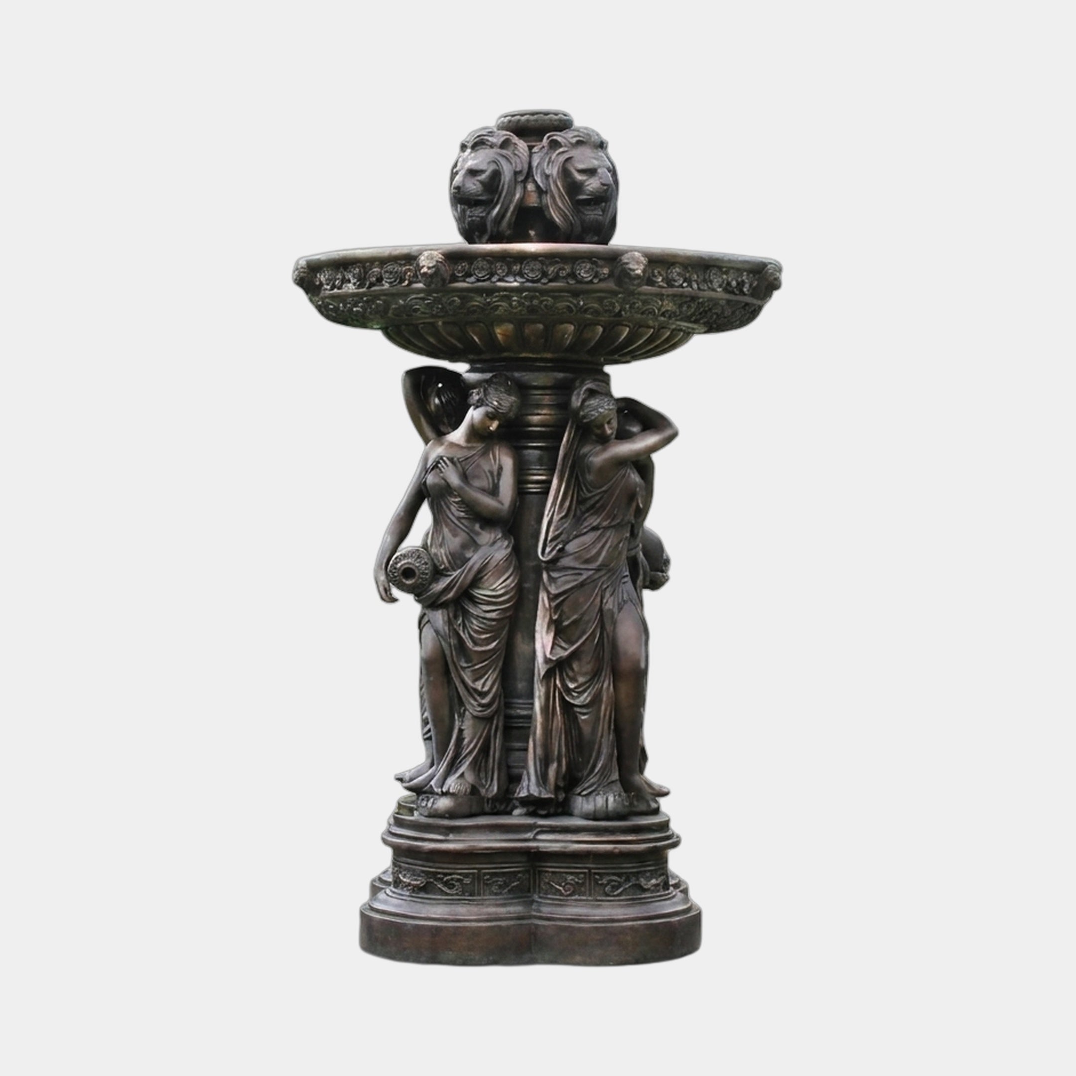 Giant Sculptures Monumental Classical Three Figures Bronze Fountain 280cm with draped female figures supporting a two-tier basin topped by lion-head spouts.