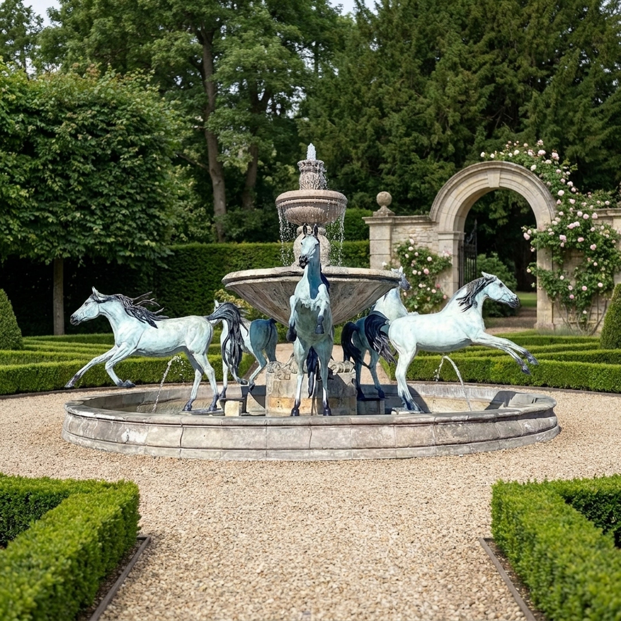 Monumental Classical Three Horses Bronze Fountain by Giant Sculptures with verdigris patina horses mid-stride around a tiered basin in a hedged garden.