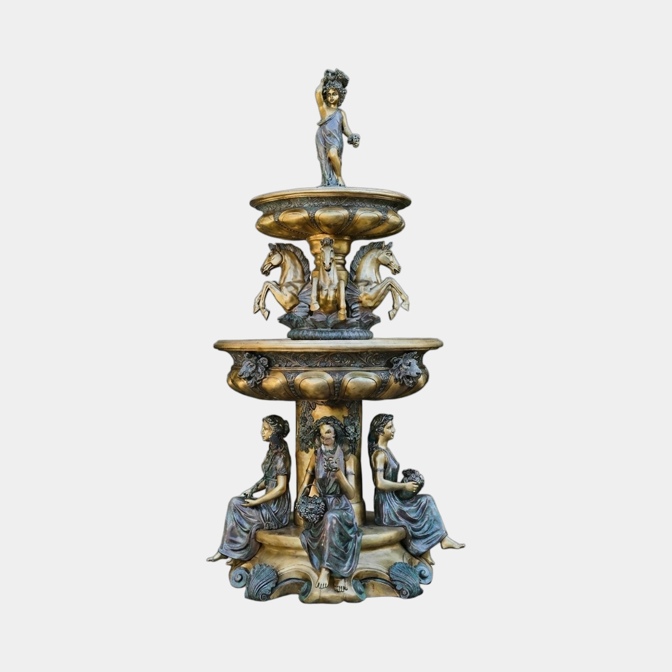 Monumental Classical Tiered Fountain in bronze by Giant Sculptures, 360cm, with seated draped figures, rearing horses, and a crowned apex figure on a plain background.