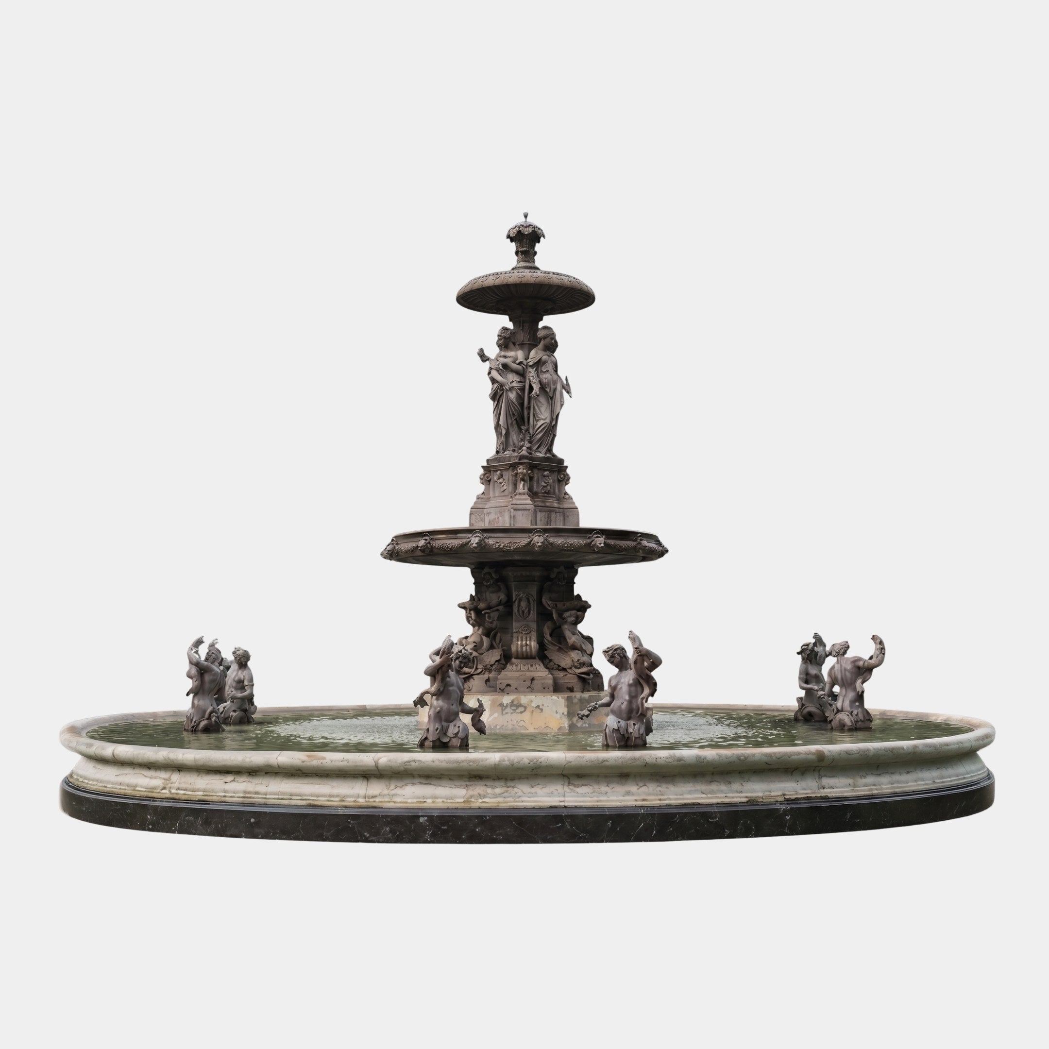 Monumental Classical Tiered Bronze Fountain by Giant Sculptures with triton figures, classical female statues, scalloped basins, and oval pool on a plain background.
