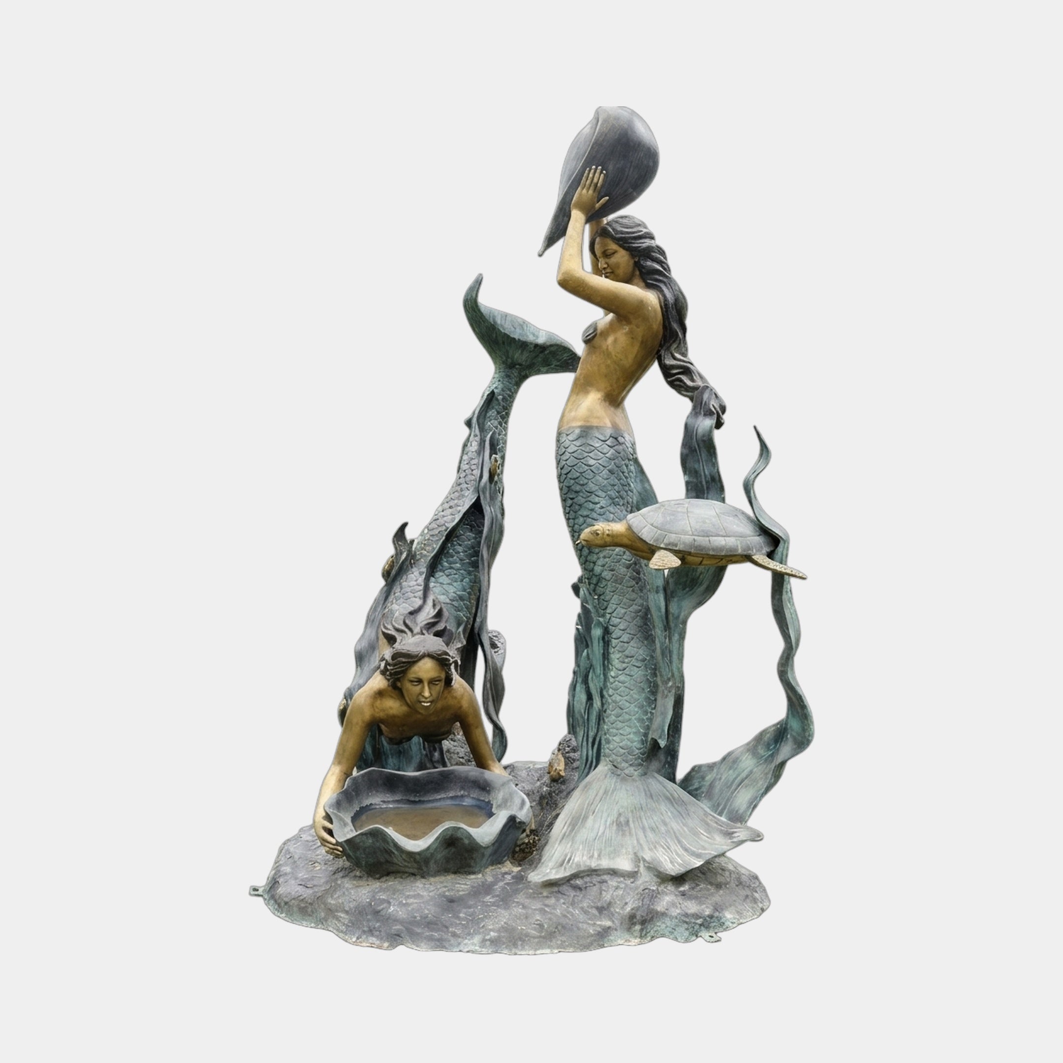 Giant Sculptures Monumental Classical Two Mermaids and Dolphin Bronze Fountain in verdigris and gold patina, with raised shell, clam basin, and sea turtle.