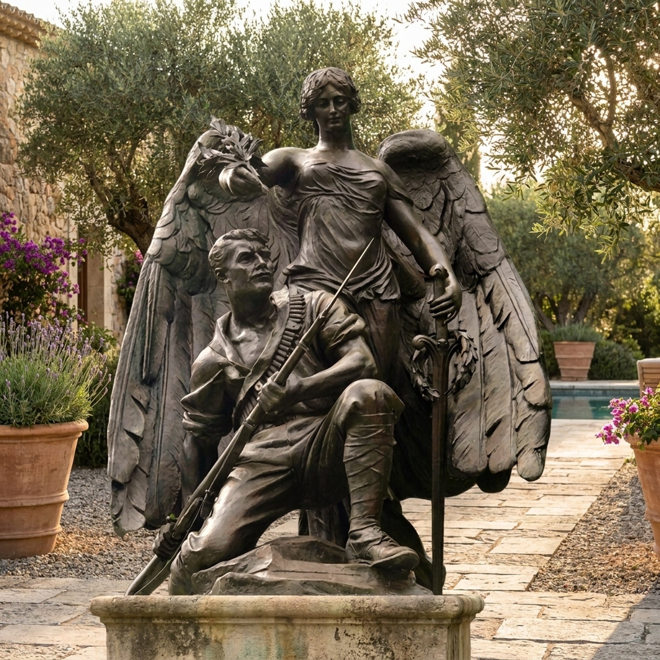 Giant Sculptures Monumental Classical Victory Angel and Wounded Soldier Bronze Sculpture on a stone plinth in a Mediterranean garden beside olive trees and a pool.