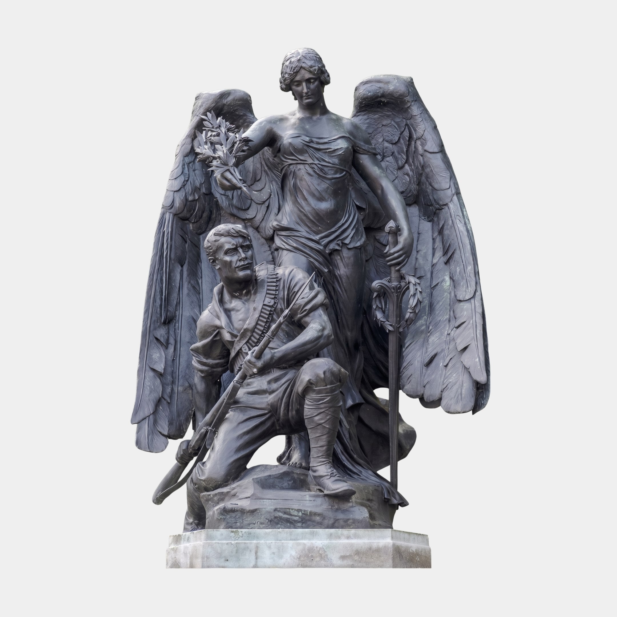 Giant Sculptures Monumental Classical Victory Angel and Wounded Soldier Bronze Sculpture 350cm, winged angel with laurel and sword above a kneeling rifleman.