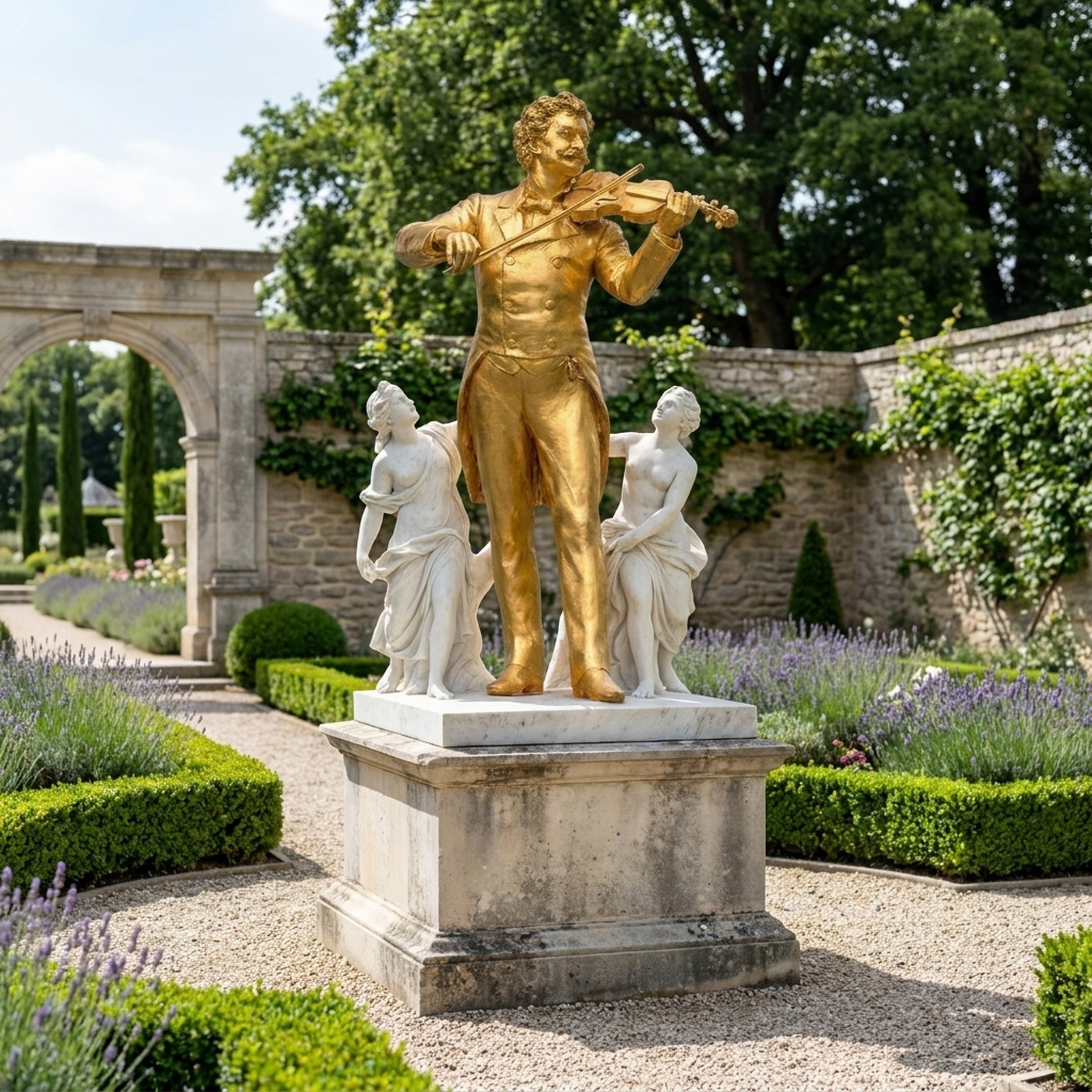 Monumental Classical Violinist and Allegorical Figures Bronze Sculpture in gold and white on a stone plinth, displayed in a formal lavender garden.