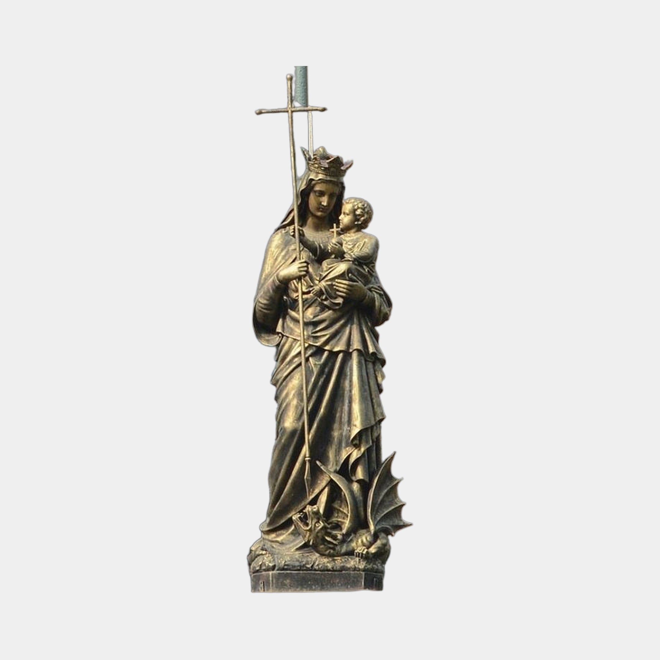 Monumental Classical Virgin Mary and Infant Jesus Bronze Statue by Giant Sculptures, crowned Virgin with sceptre and child above a vanquished dragon.