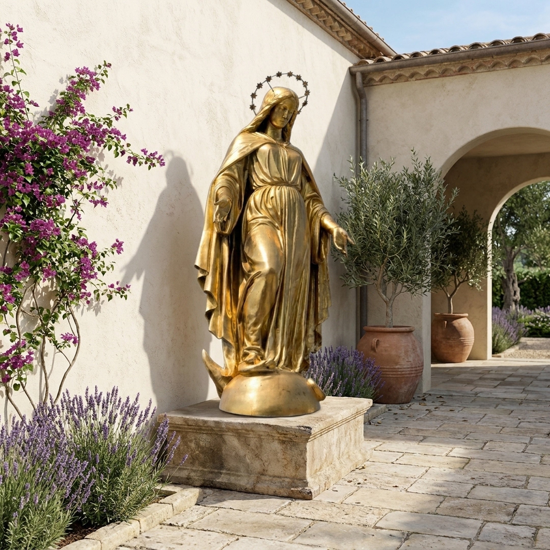 Monumental Classical Virgin Mary Bronze Statue in gold finish by Giant Sculptures, displayed on a stone plinth in a Mediterranean courtyard with lavender.