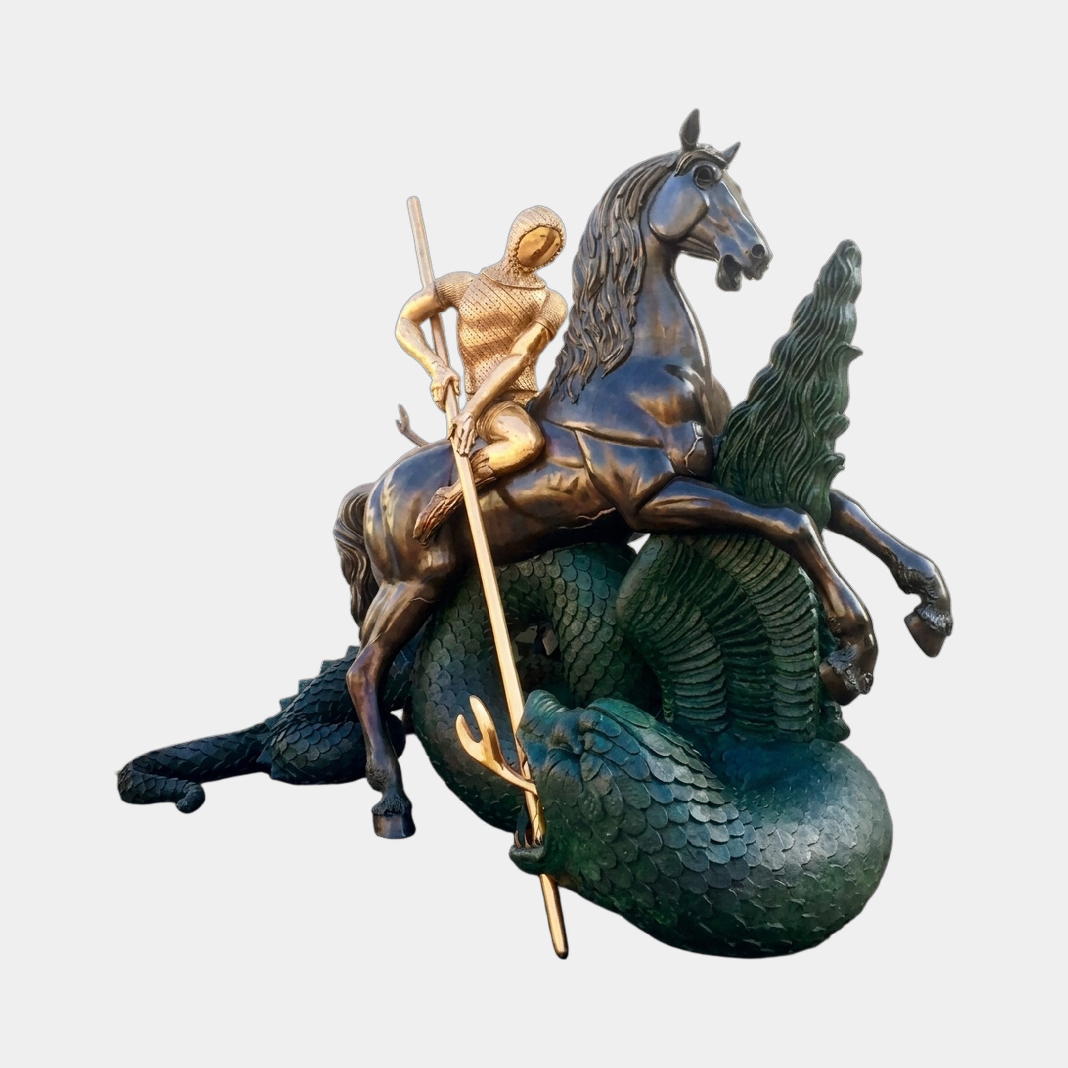 Monumental Classical Warrior on Rearing Horse and Dragon Bronze Sculpture by Giant Sculptures, gilt knight with lance above a green coiled dragon.