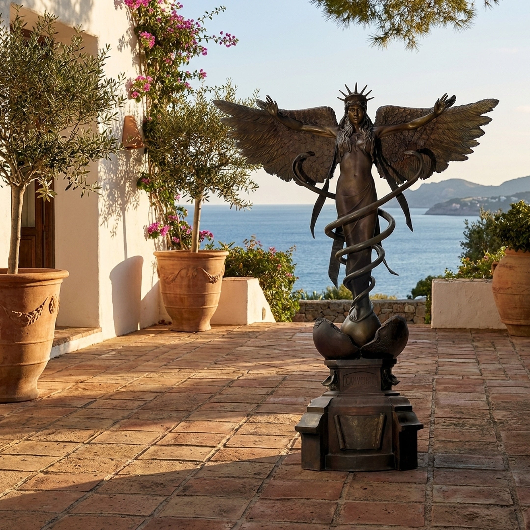 Monumental Classical Winged Angel and Caduceus Bronze Sculpture by Giant Sculptures on a seaside terrace with olive trees, terracotta pots, and ocean view.