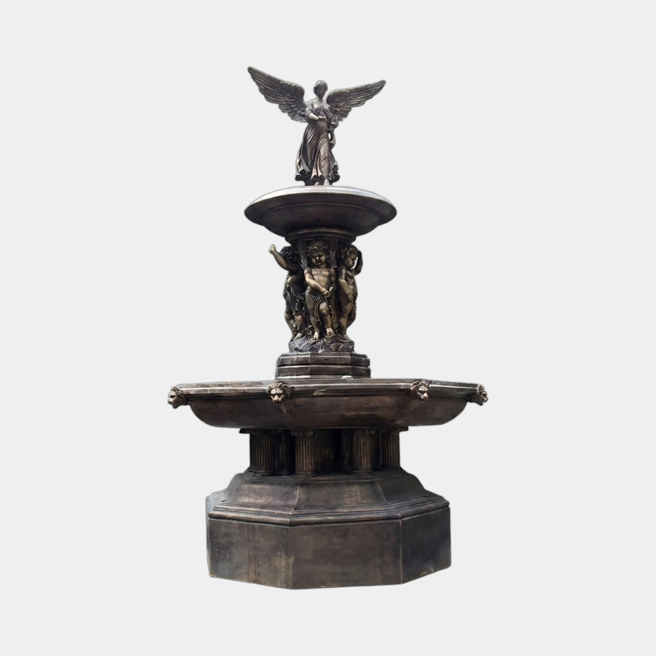 Giant Sculptures Monumental Classical Winged Angel and Cherub Fountain in antique bronze, 320cm, with cherubs supporting the upper basin and lion-mask spouts.
