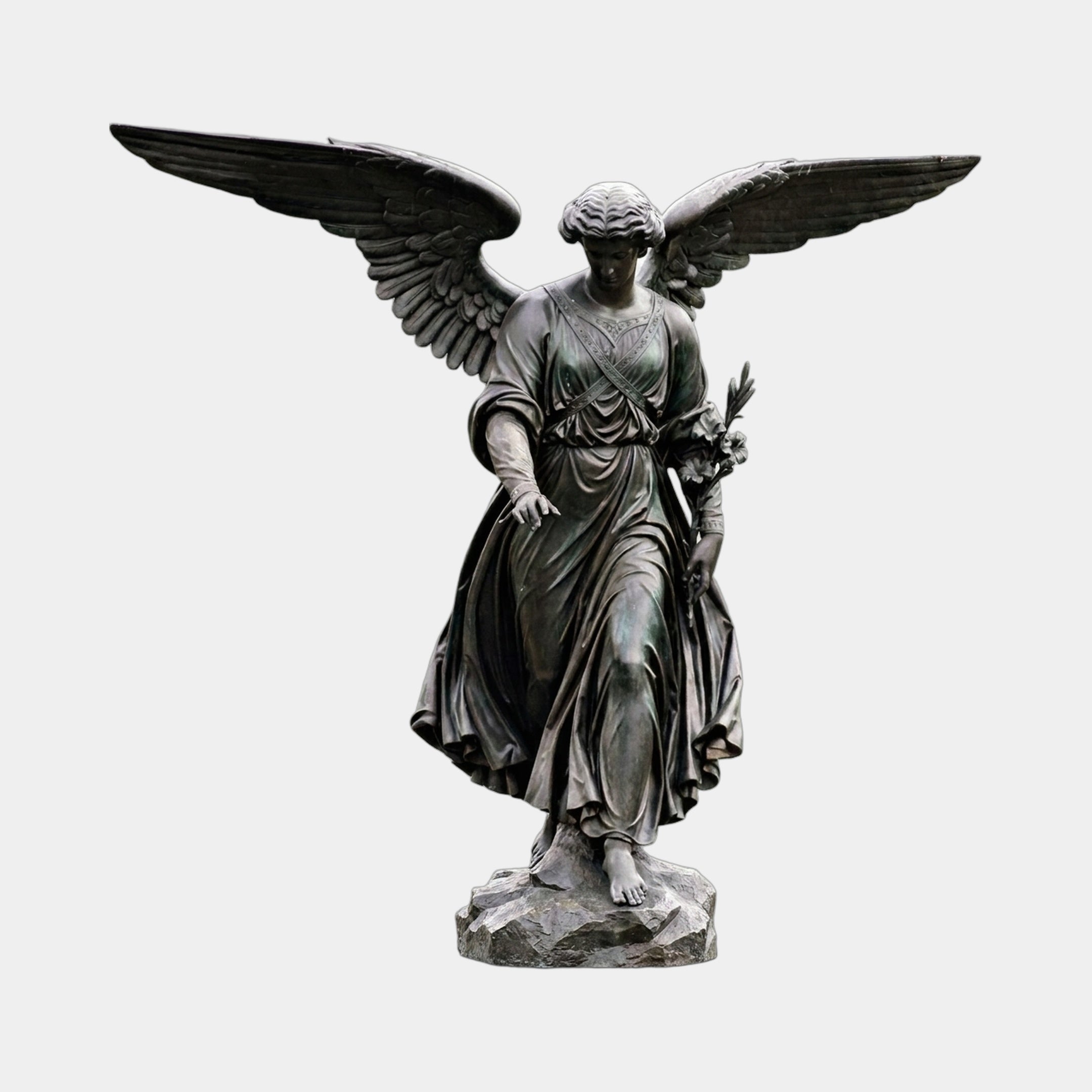 Monumental Classical Winged Angel Bronze Fountain by Giant Sculptures, 300cm figure in flowing robes with wings outstretched, holding flowers, on a rocky base.