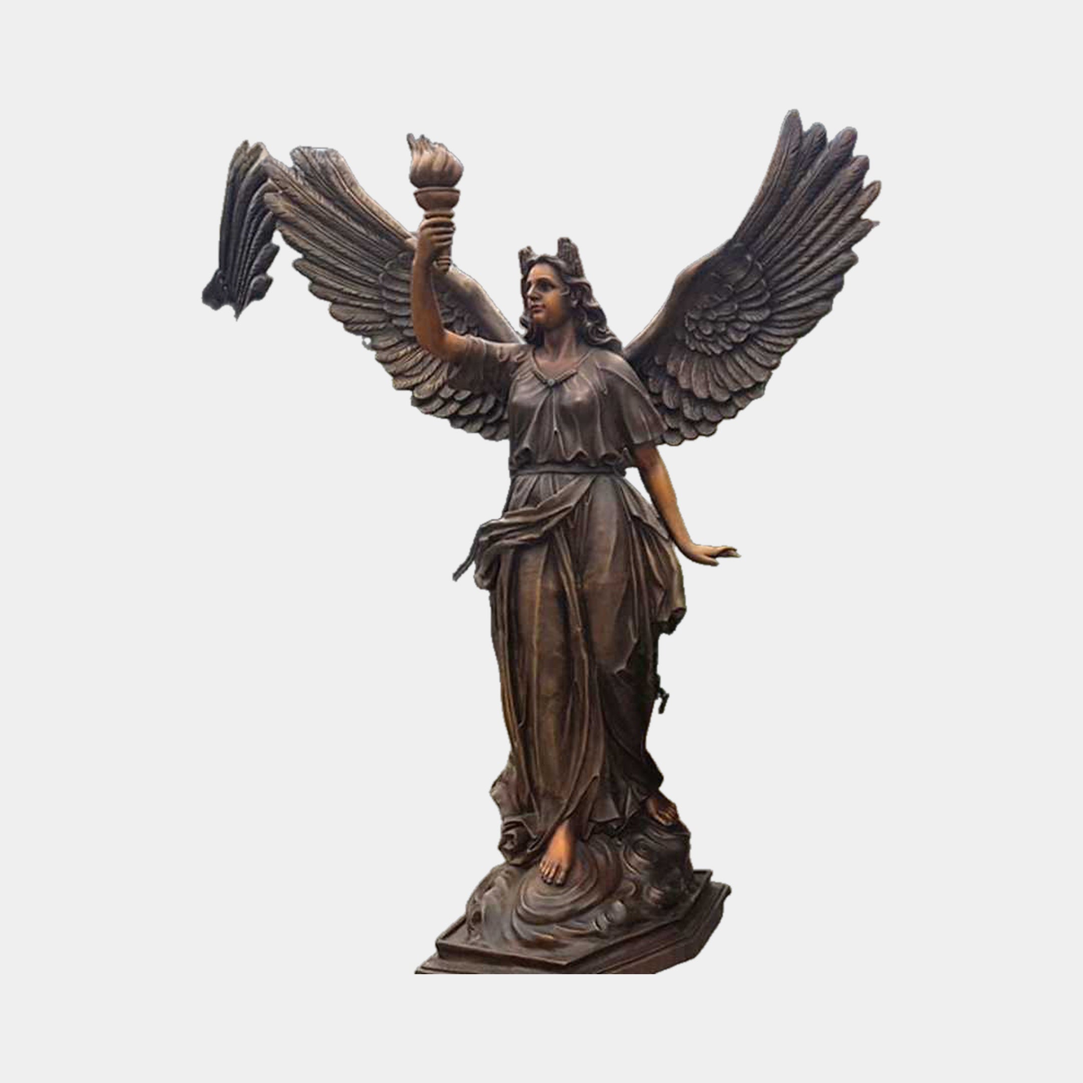 Giant Sculptures' Monumental Classical Winged Angel Bronze Sculpture 300cm, robed figure with wings spread holding a raised torch, warm bronze patina.