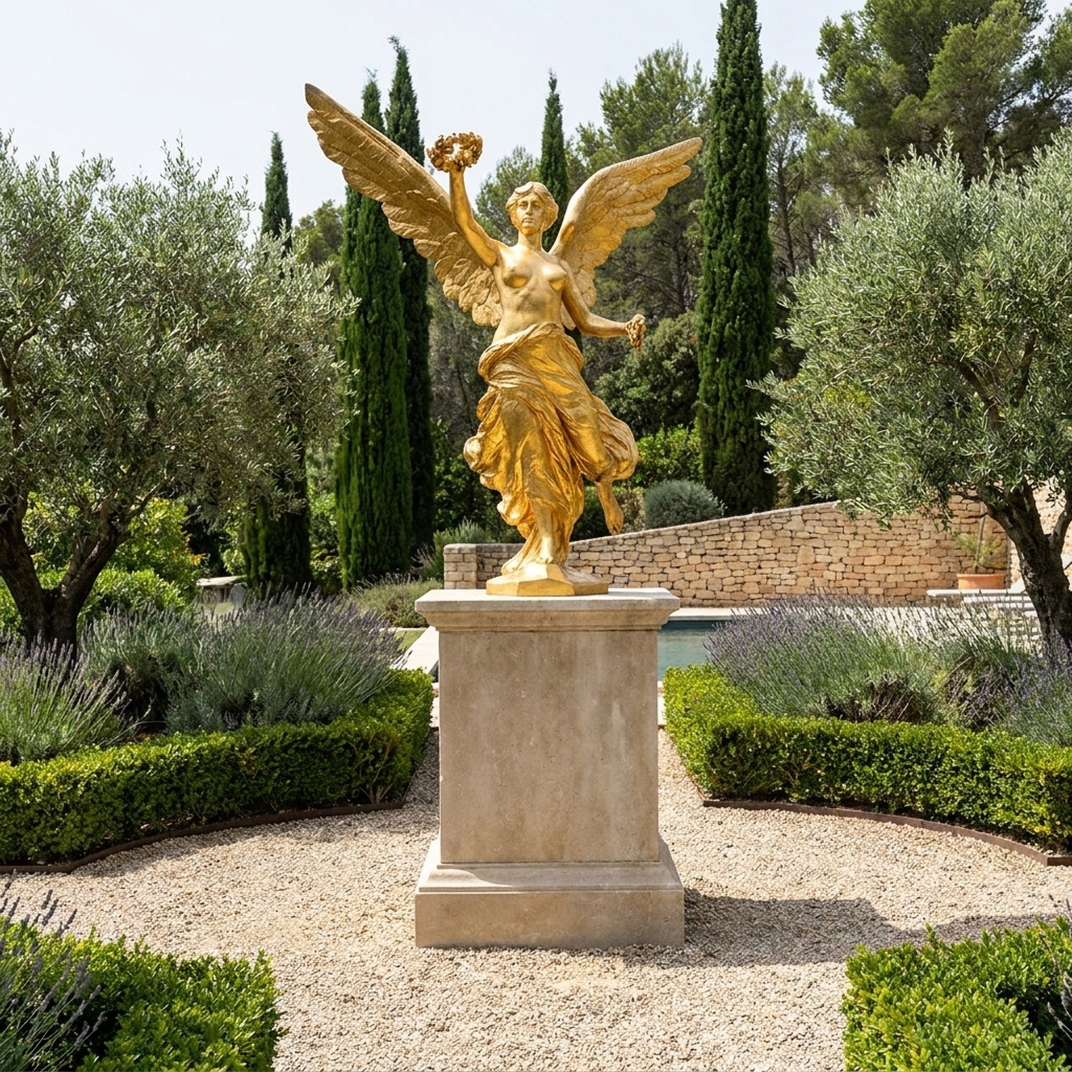 Giant Sculptures' 300cm gilt bronze winged angel raising a laurel wreath, displayed on a stone plinth in a Mediterranean garden with cypress and lavender.