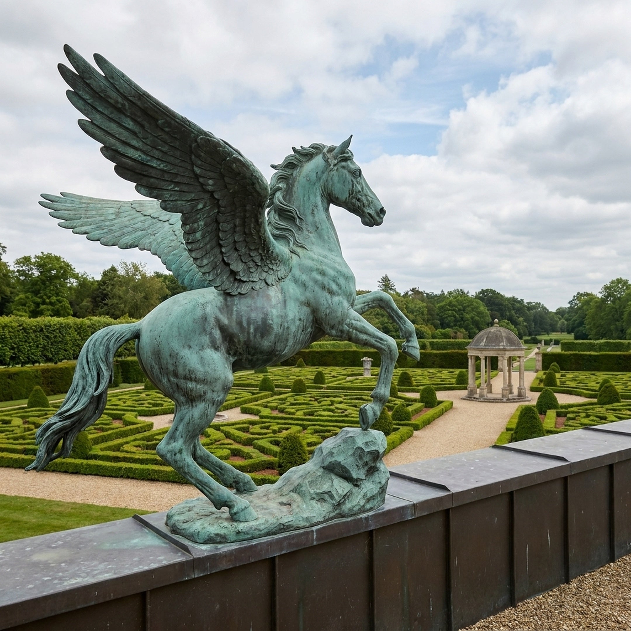 Monumental Classical Winged Horse Bronze Sculpture by Giant Sculptures with verdigris patina, rearing on a parapet overlooking a formal hedge garden.