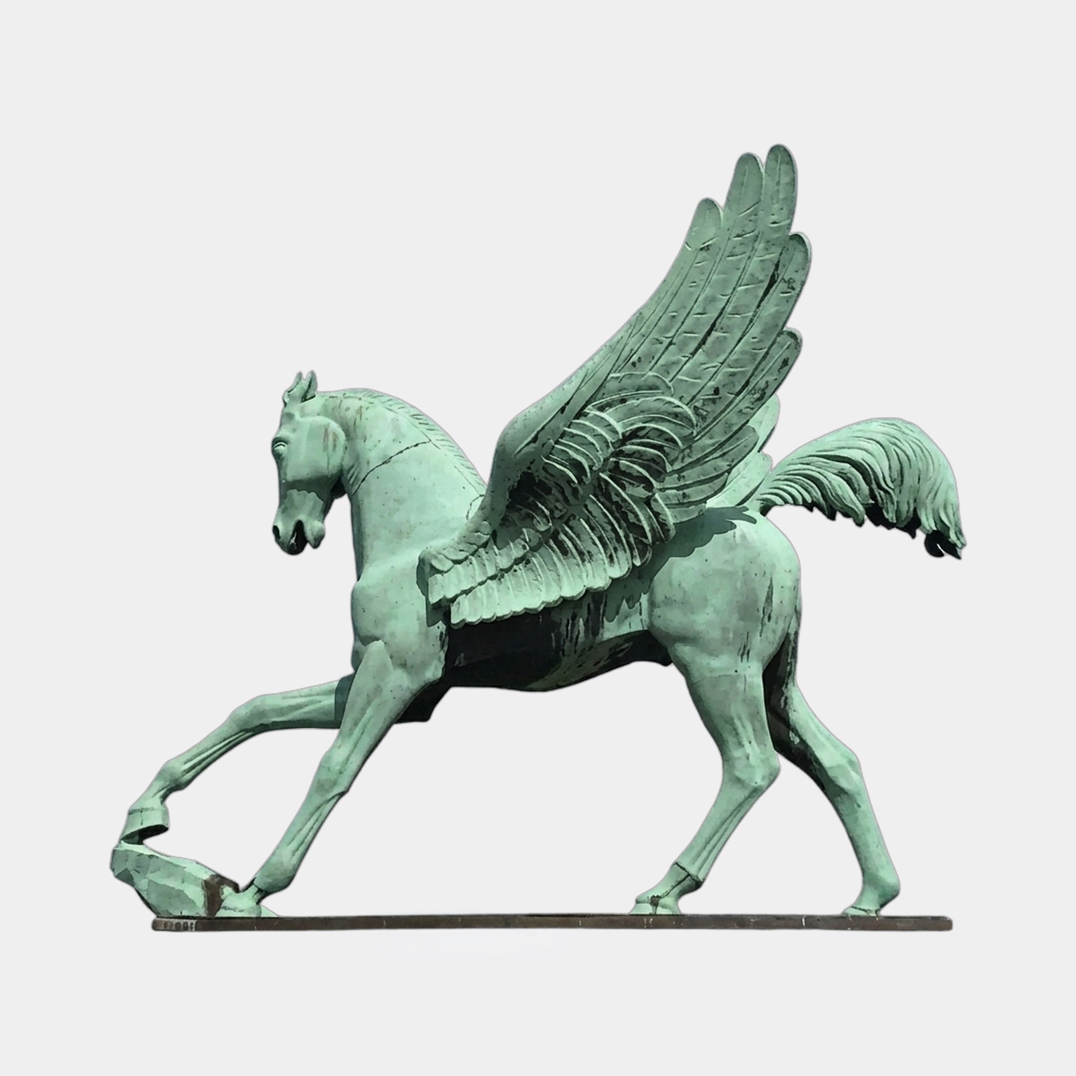 Monumental Classical Winged Horse Bronze Sculpture 400cm by Giant Sculptures in verdigris patina, Pegasus mid-stride with wings raised, shown against a plain background.