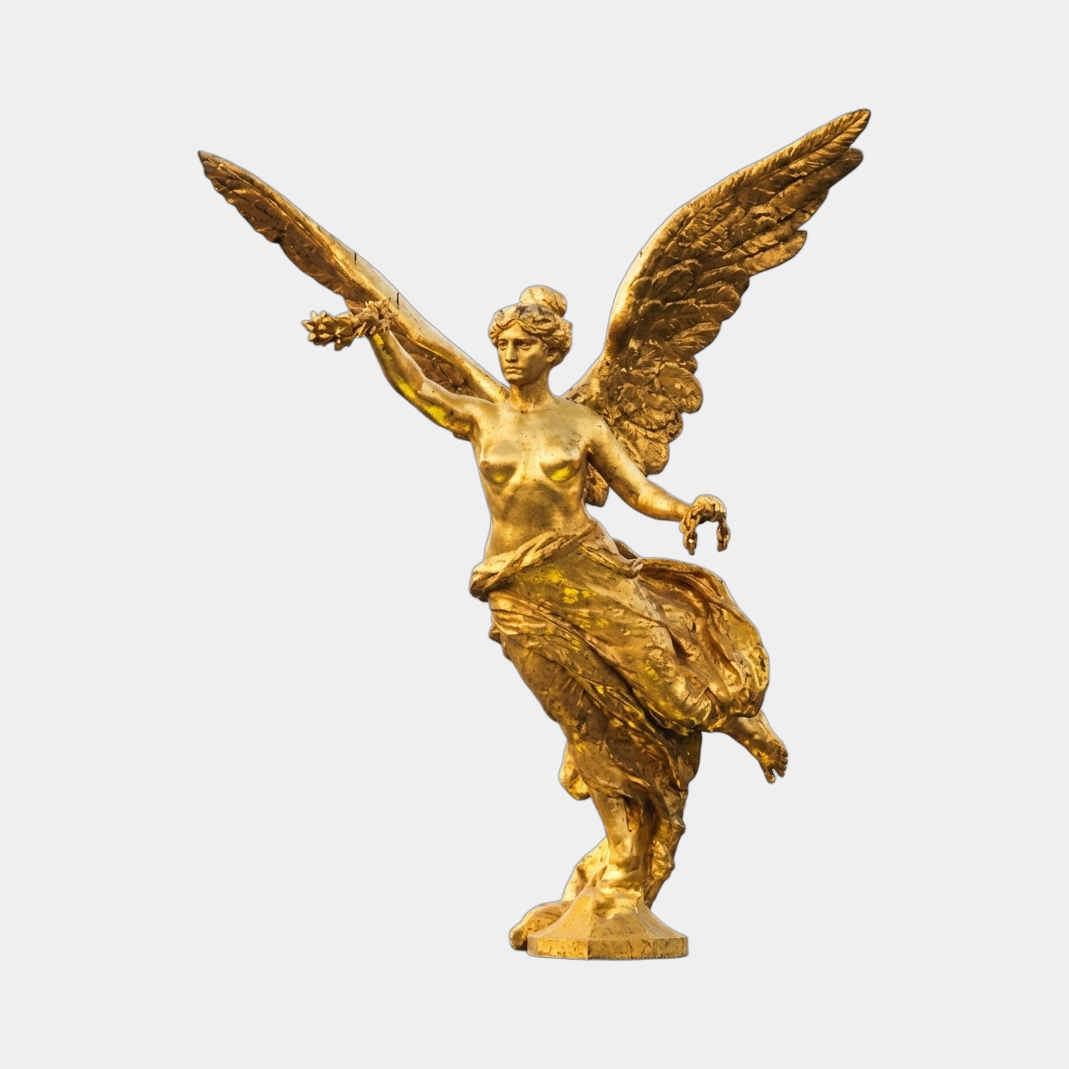 Monumental Classical Winged Victory Angel Bronze Sculpture in polished gold patina by Giant Sculptures, wings spread, holding a laurel wreath aloft.