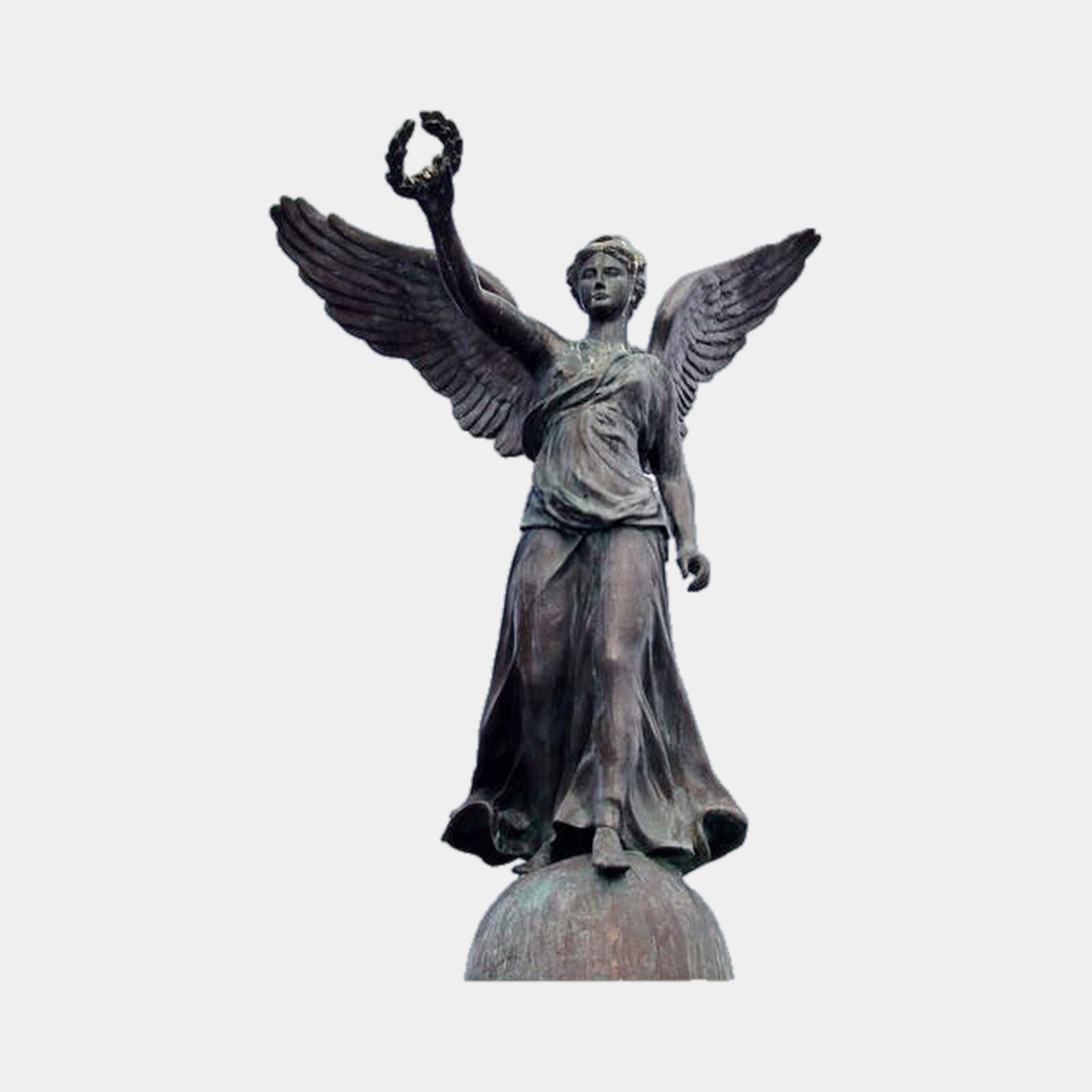 Giant Sculptures' 300cm Monumental Classical Winged Victory Angel Bronze Sculpture with wings spread and laurel wreath raised, standing on a sphere on grey.