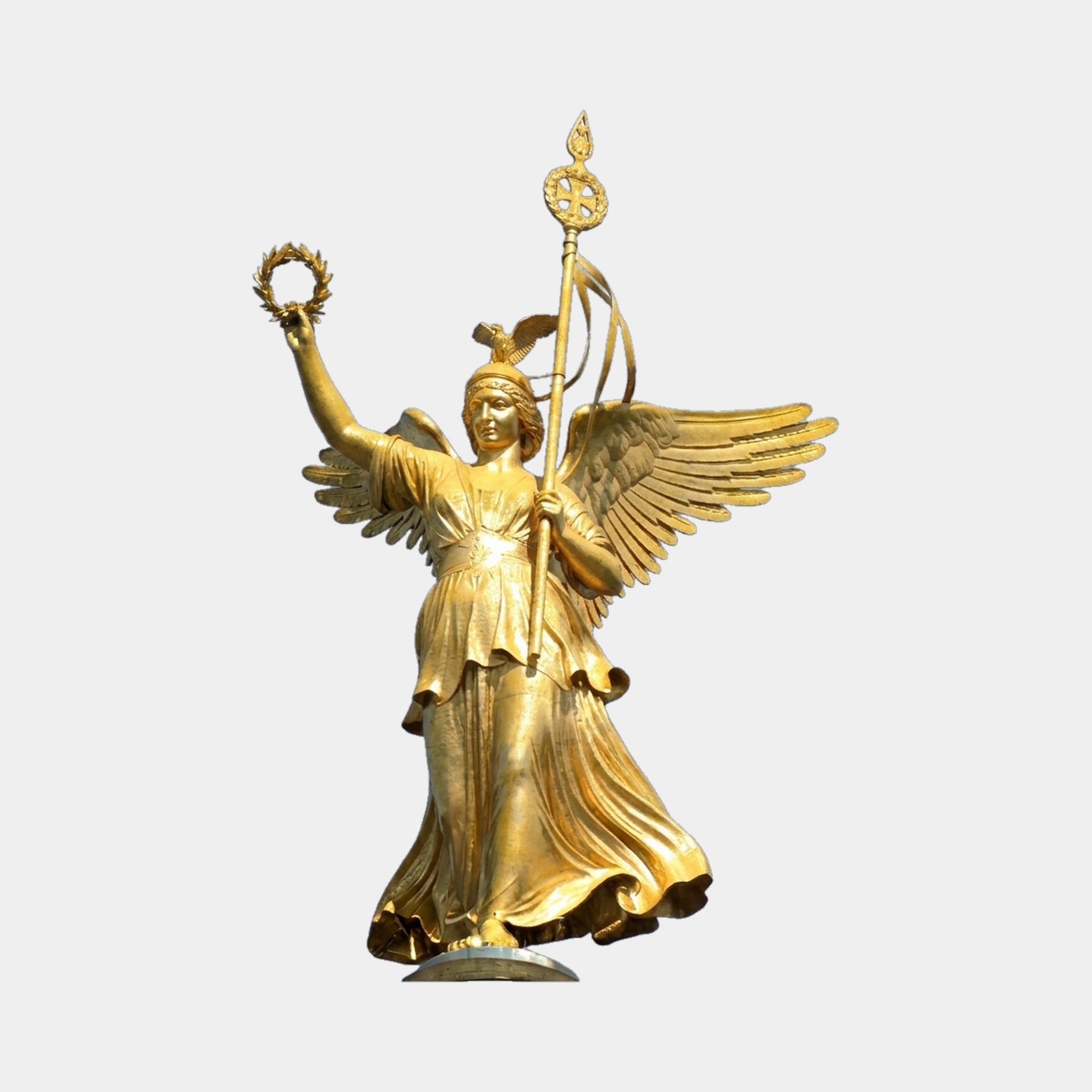 Giant Sculptures' 280cm Monumental Classical Winged Victory Goddess Bronze Sculpture in gilt finish, raising a laurel wreath and holding a sceptre, wings spread.