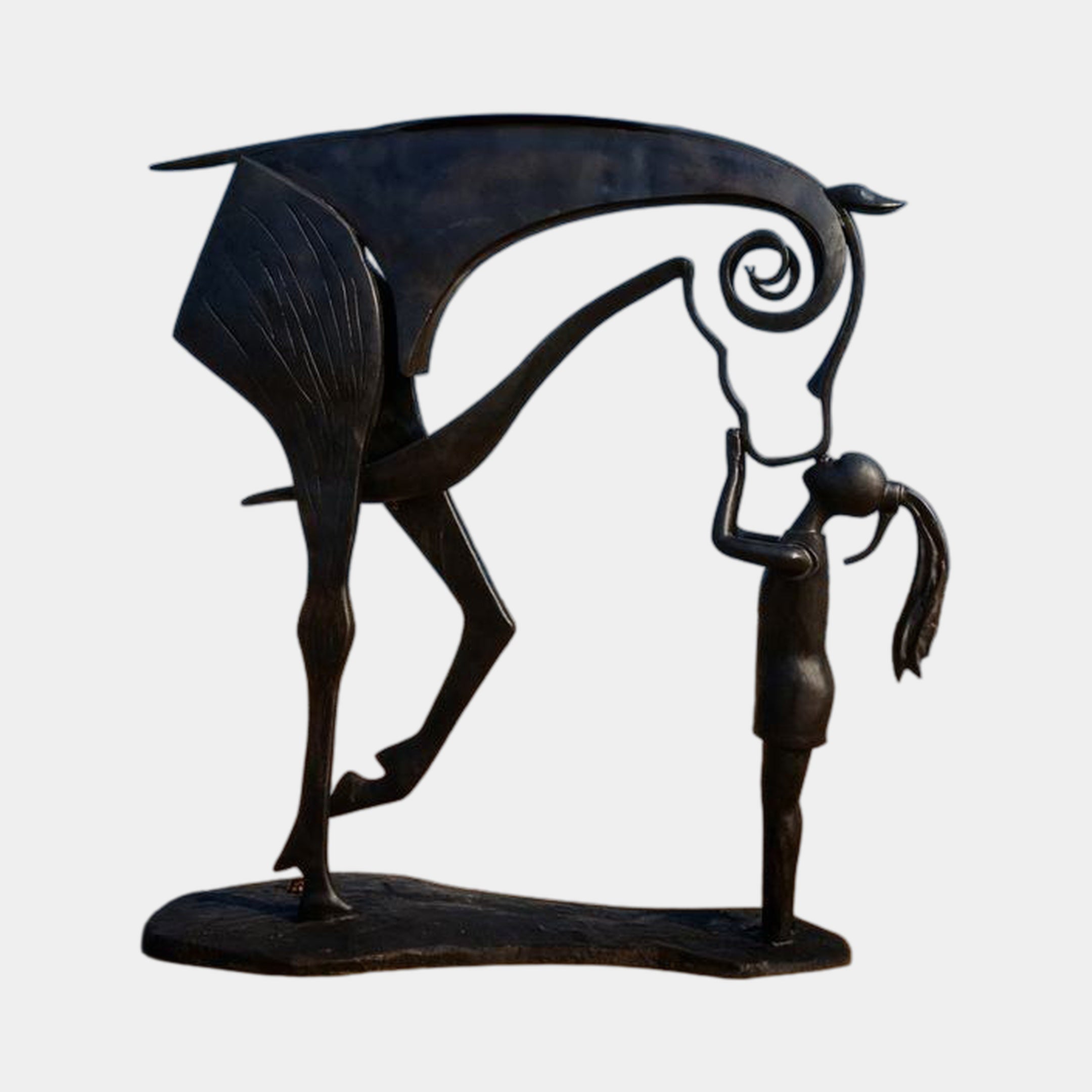 Monumental Contemporary Abstract Horse and Girl Bronze Sculpture by Giant Sculptures, dark patina horse with spiral mane bowing to a small girl, on oval base.