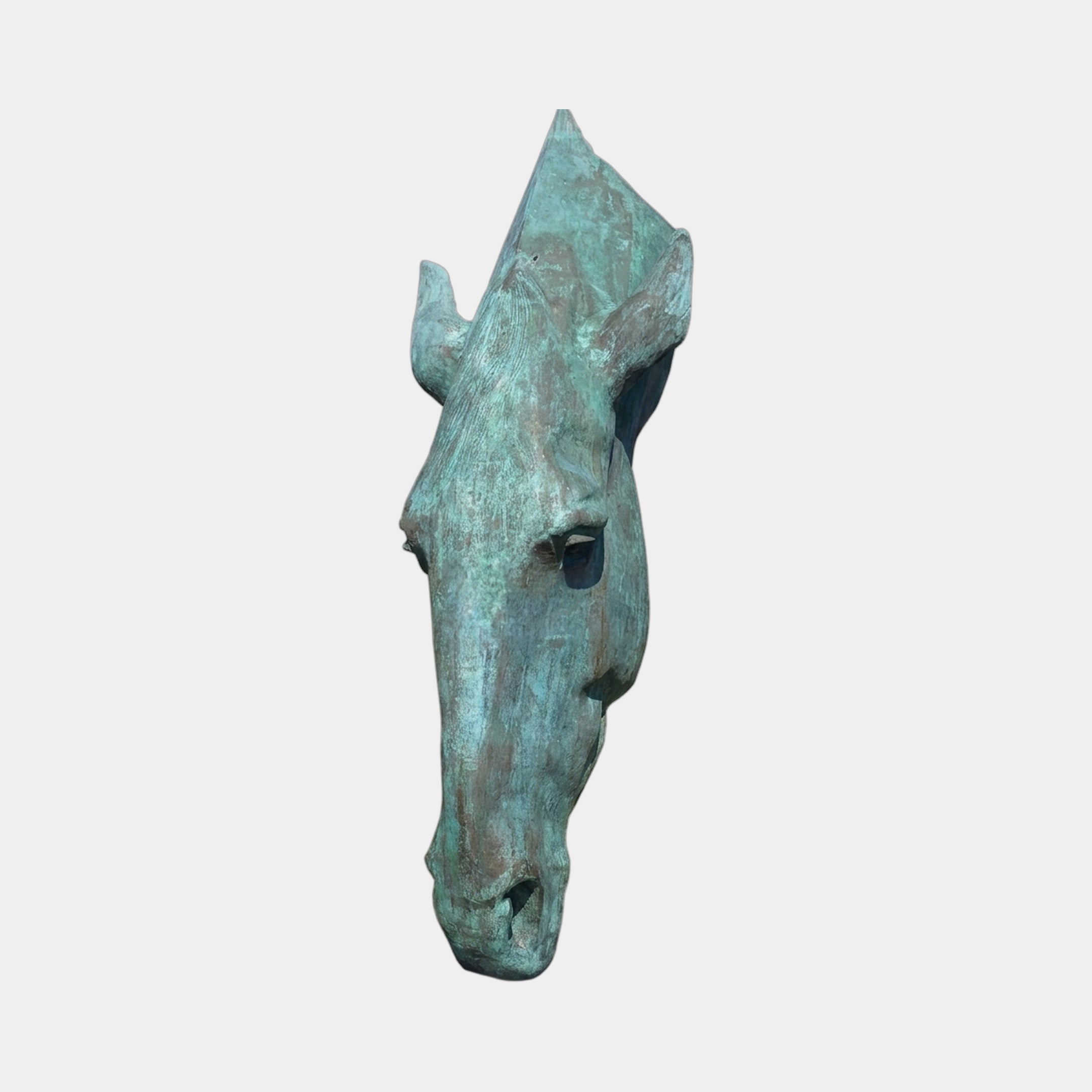 Monumental Contemporary Abstract Horse Head Bronze Sculpture by Giant Sculptures, shown from a front angle with weathered verdigris patina against a plain background.