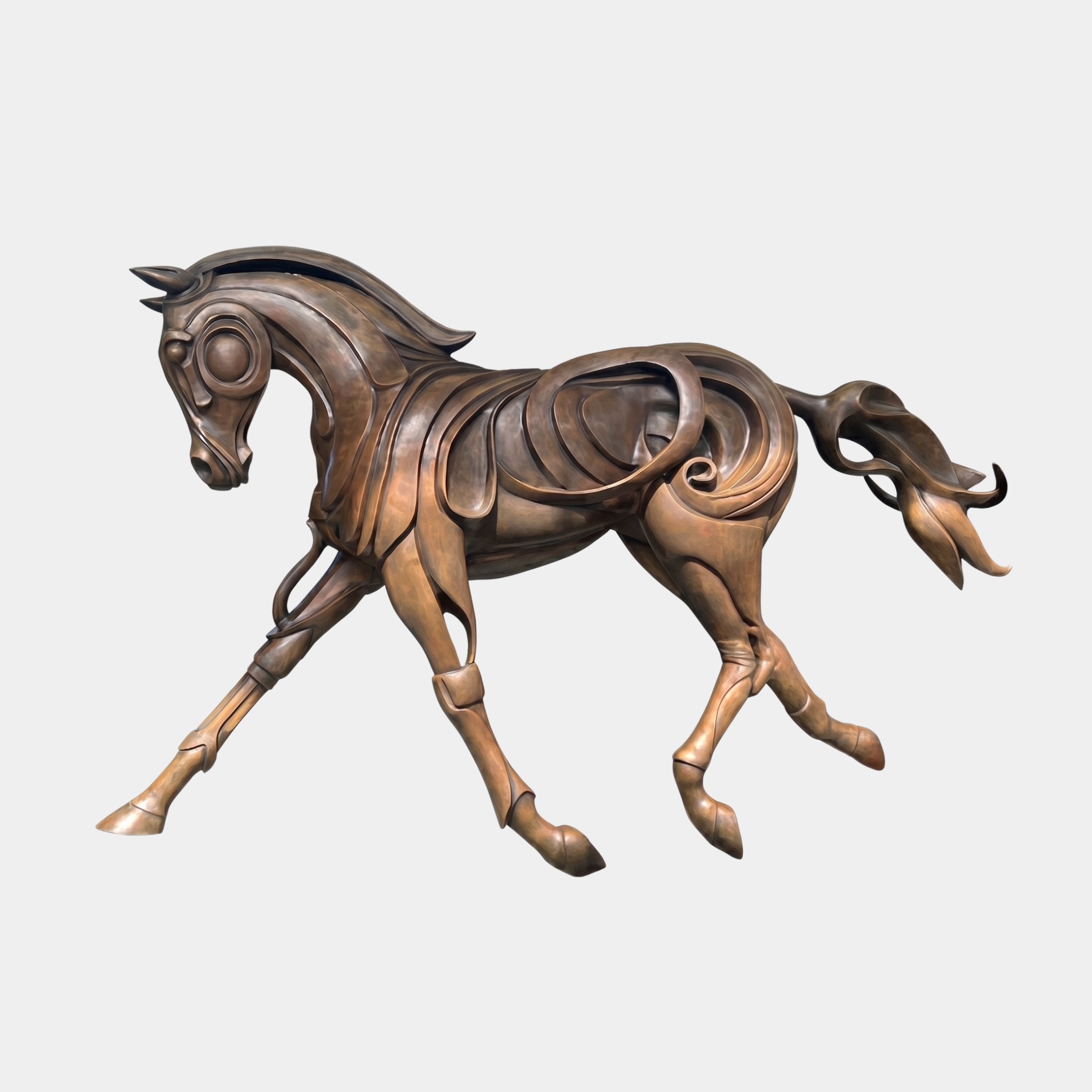 Monumental Contemporary Abstract Trotting Horse Bronze Sculpture by Giant Sculptures, shown in side view with ribbon-panel body and warm brown patina on a light background.