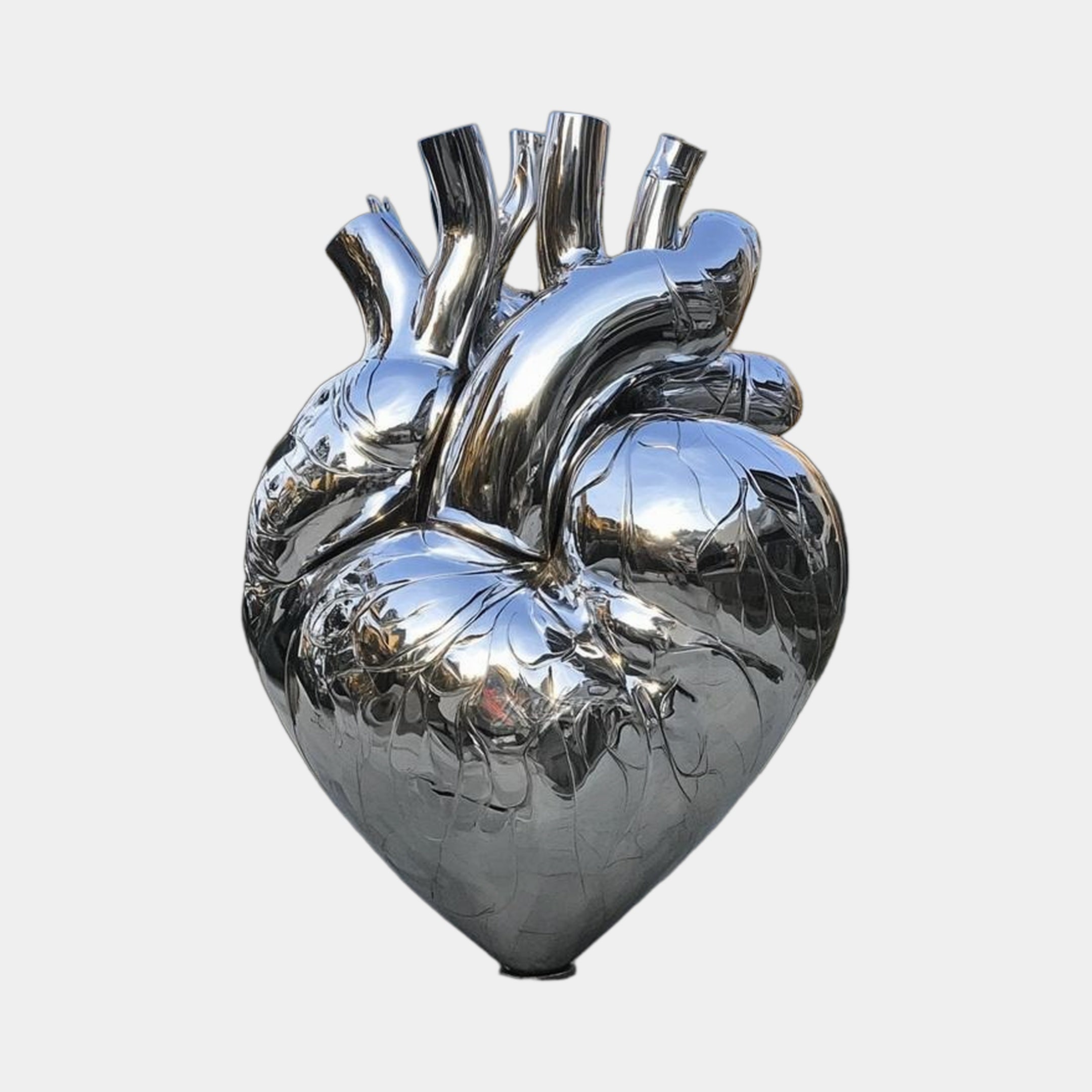 Monumental Contemporary Anatomical Heart Bronze Sculpture by Giant Sculptures in mirror-polished metal with branching vessels, shown against a plain light background.