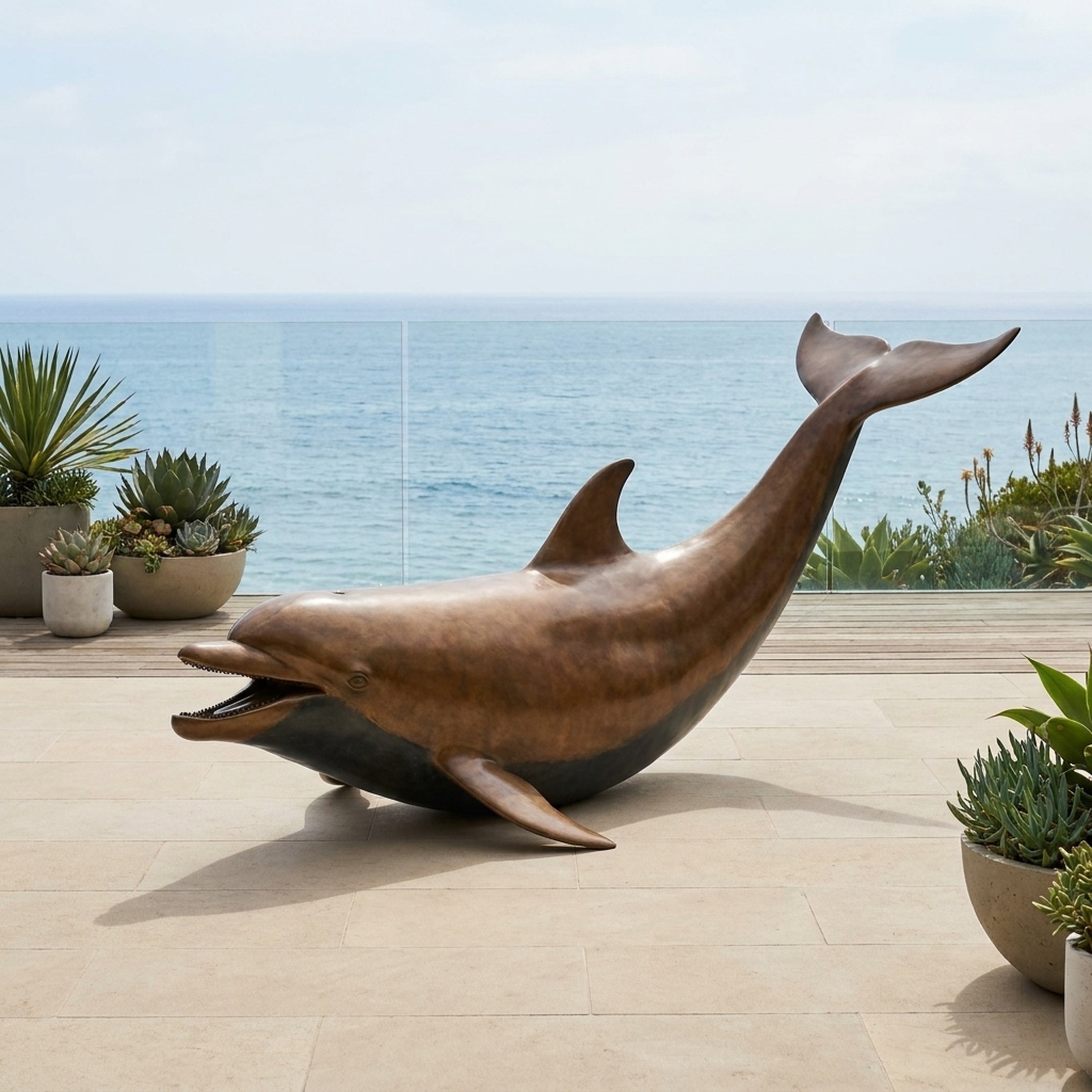 Monumental Contemporary Arched Dolphin Bronze Sculpture by Giant Sculptures on a seaside terrace, tail curled skyward with warm brown and near-black patina.