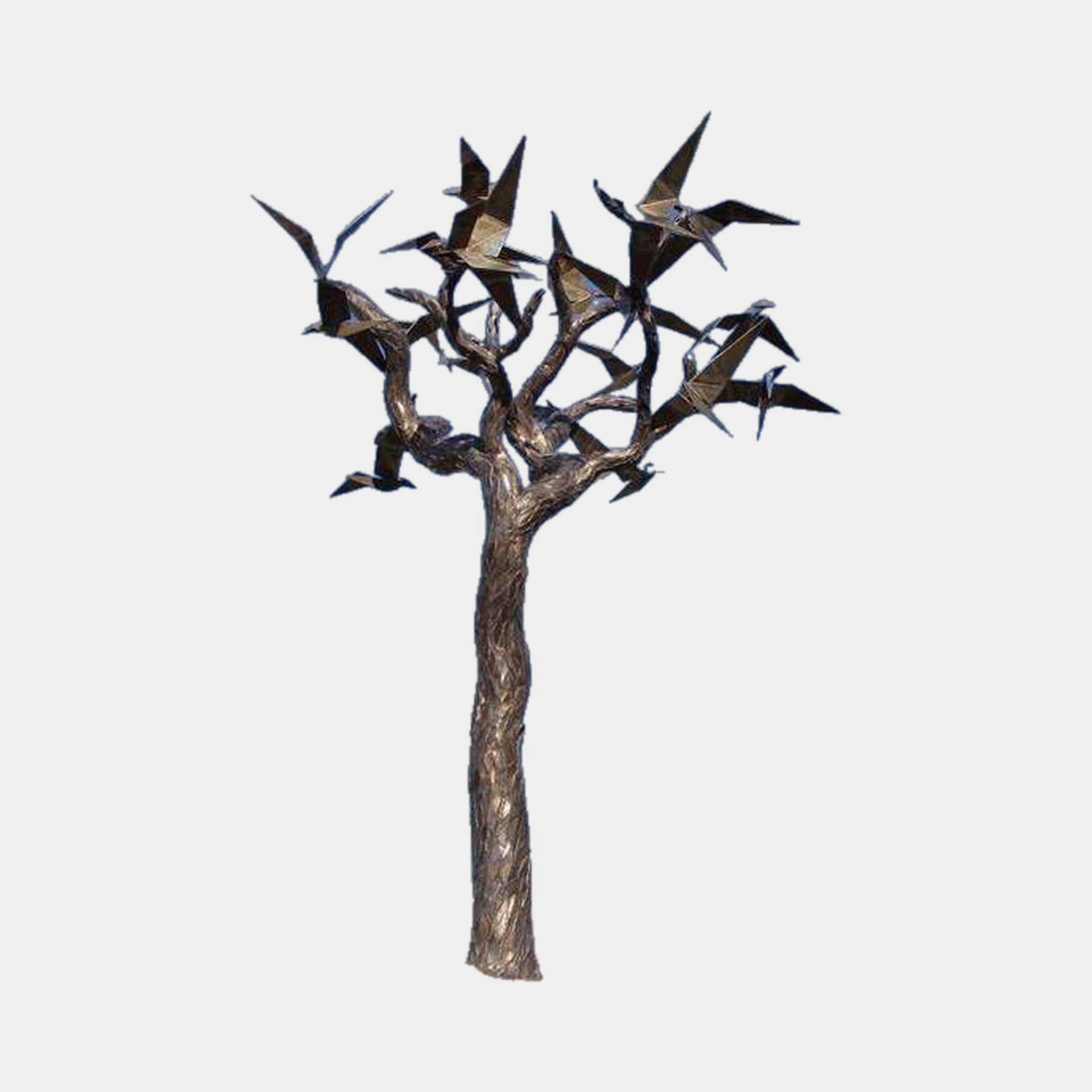 Monumental Contemporary Bird and Tree Bronze Sculpture by Giant Sculptures, with a textured trunk and angular origami-style birds across bare branches.
