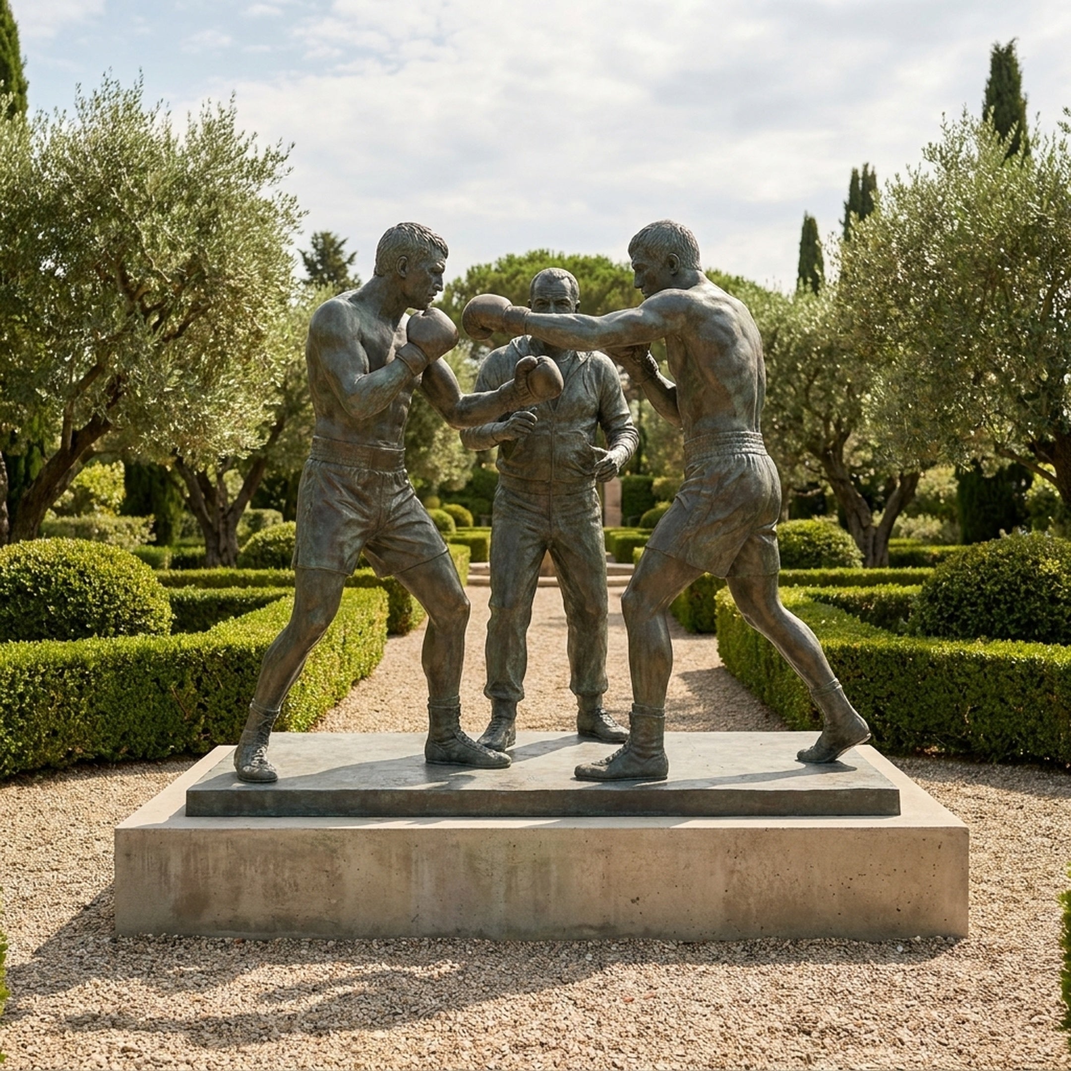 Monumental Contemporary Boxing Trio Bronze Sculpture by Giant Sculptures, 250cm, two sparring fighters and a trainer with verdigris patina, on a garden path.