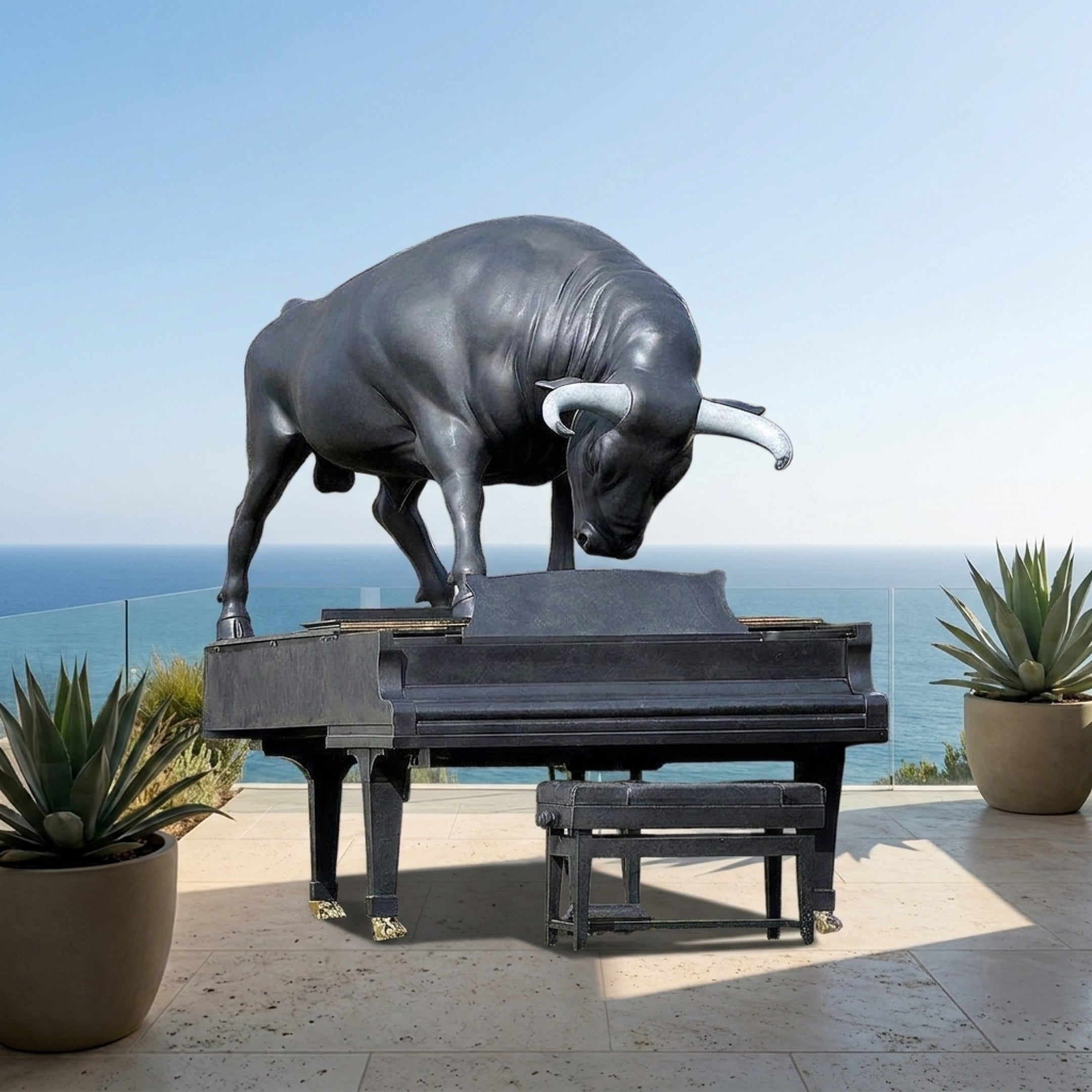 Monumental Contemporary Bull atop Grand Piano Bronze Sculpture by Giant Sculptures in matte black with silver-grey horns, displayed on an oceanview terrace.