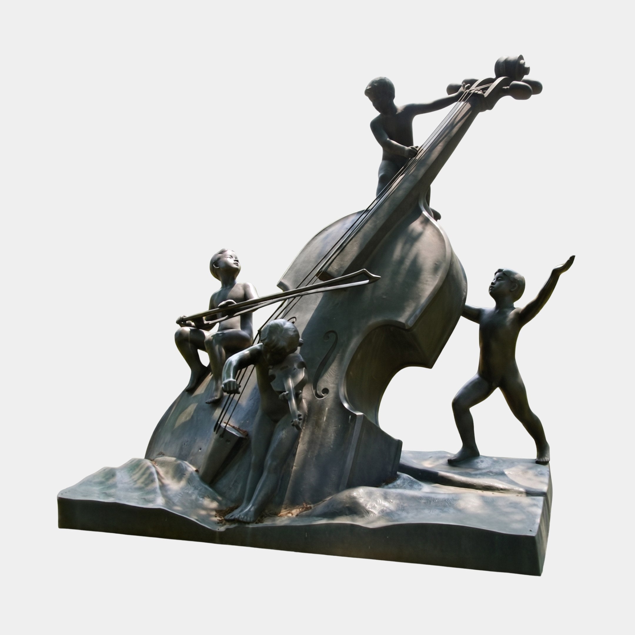 Monumental Contemporary Children with Double Bass Bronze Sculpture 220cm by Giant Sculptures, four cherubs playing around a tilted double bass, dark patina.