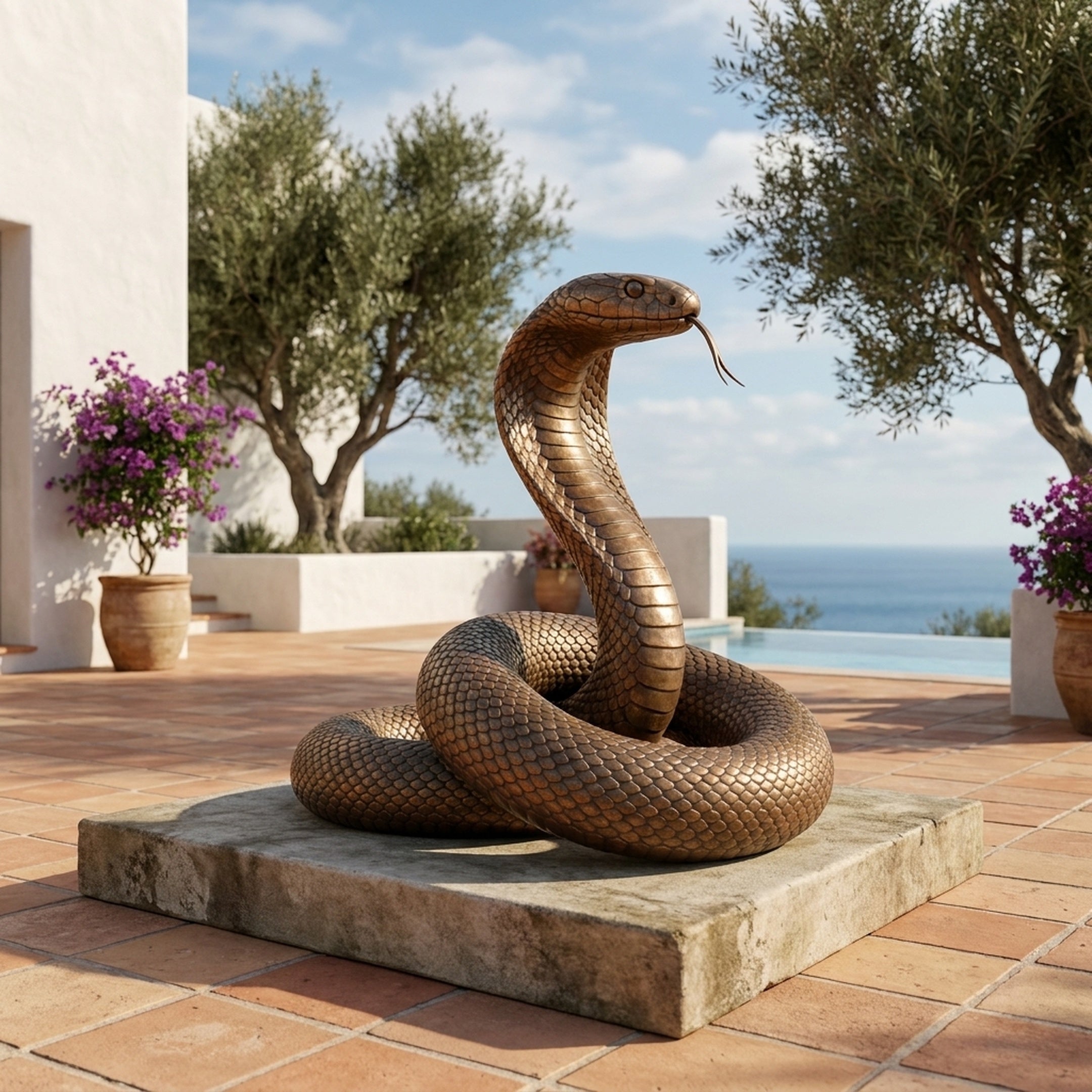 Monumental Contemporary Coiled Snake Bronze Sculpture by Giant Sculptures on a stone slab beside a pool, with olive trees and sea view behind.