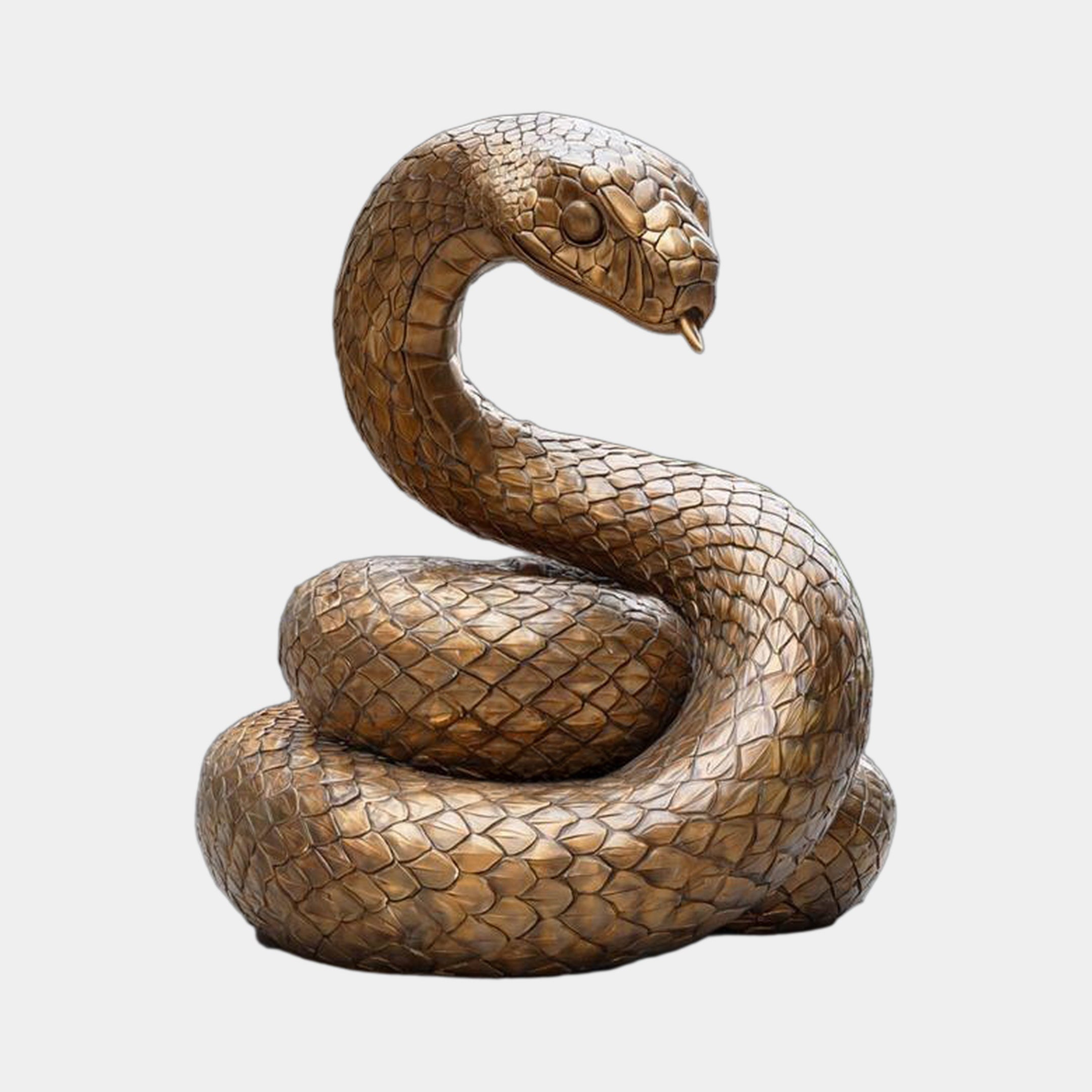 Monumental Contemporary Coiled Snake Bronze Sculpture by Giant Sculptures, coiled body with raised S-curve neck and flicking tongue, golden-brown patina on grey.