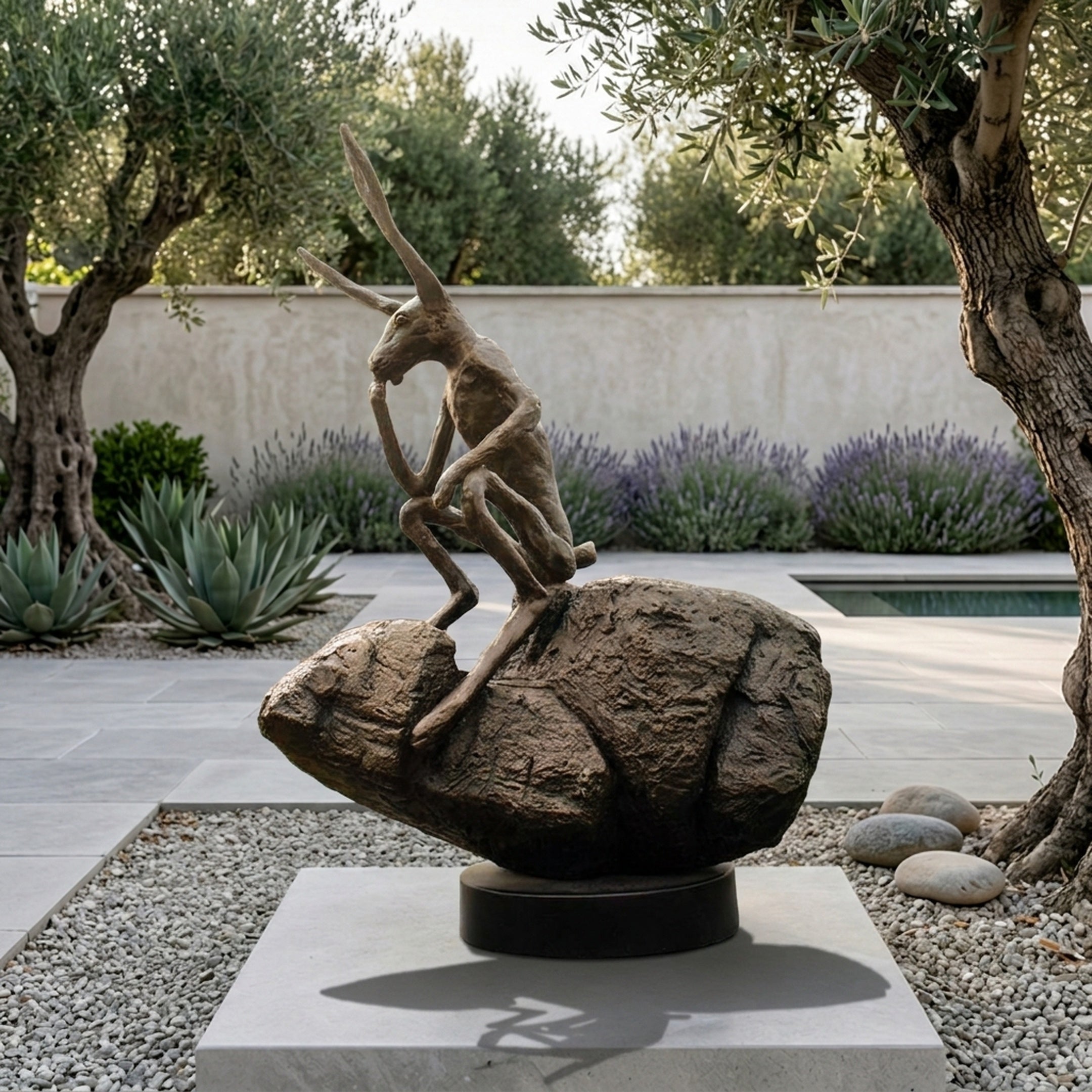 Giant Sculptures Monumental Contemplative Hare Bronze 340cm seated on a textured boulder in a Mediterranean courtyard with olive trees, lavender, and agave.