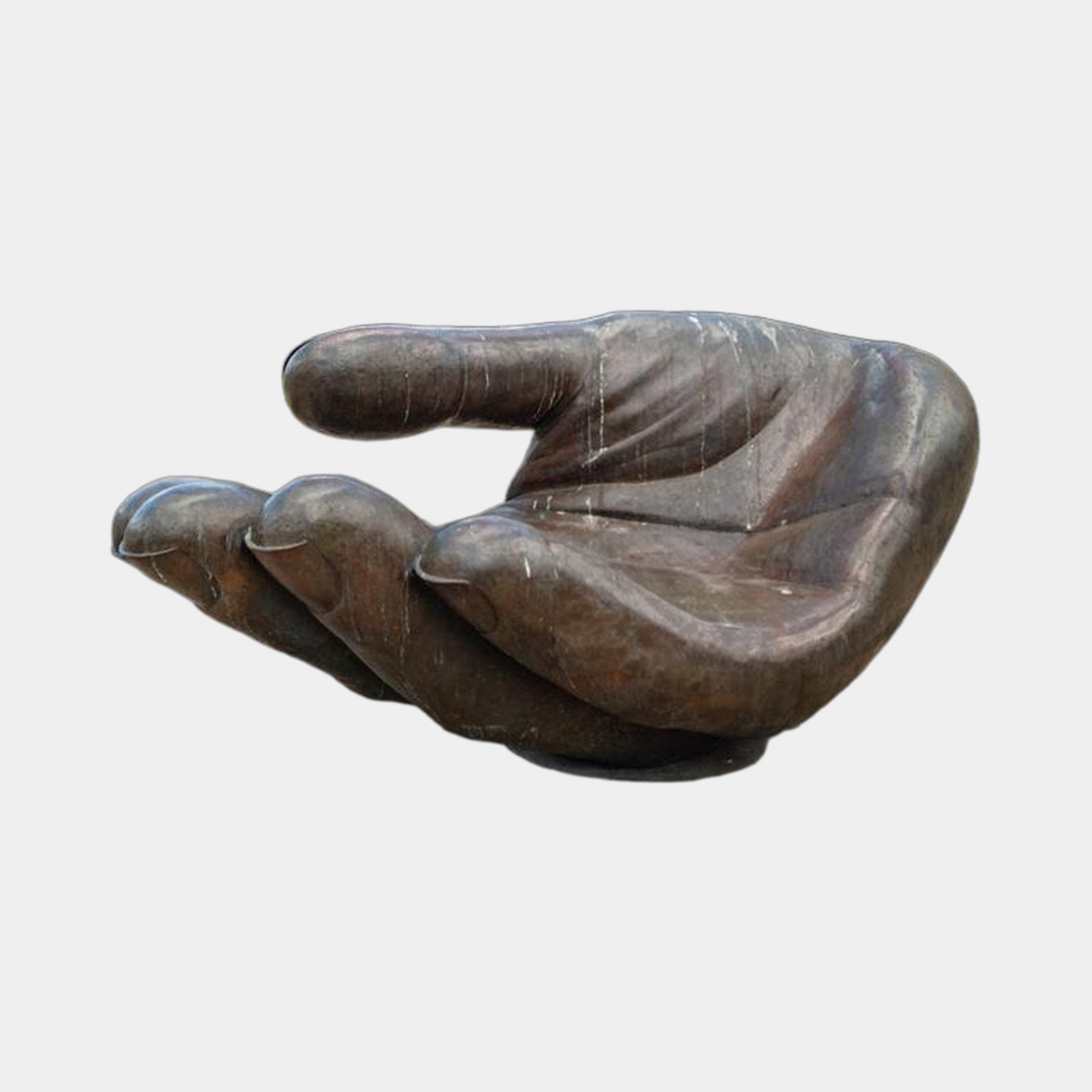 Monumental Contemporary Cupped Hand Bronze Sculpture by Giant Sculptures, 150cm open palm with warm brown patina and weathered streaks, on plain background.