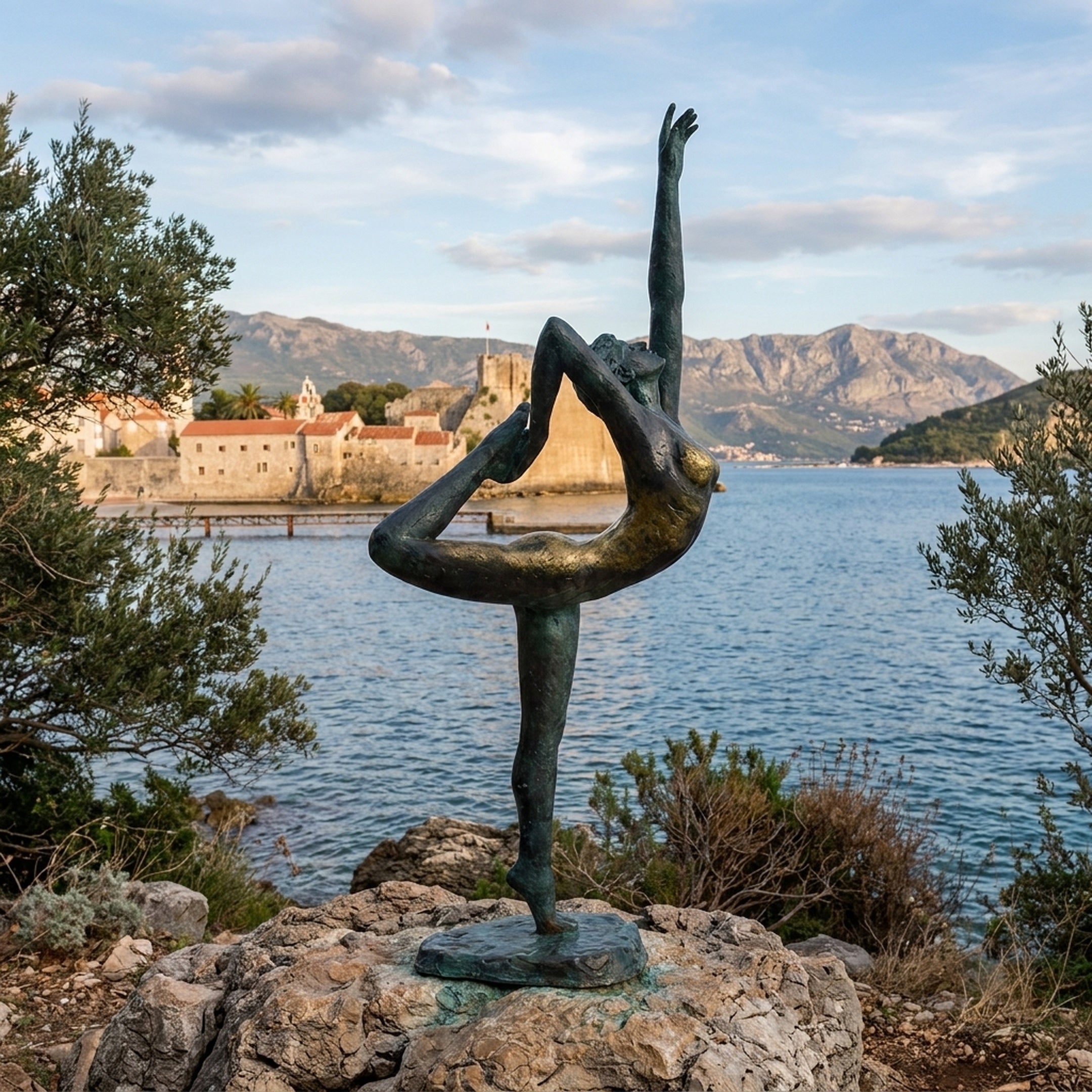 Giant Sculptures' 330cm Monumental Contemporary Dancer Bronze Sculpture in verdigris and gold finish, posed in arabesque on a rocky coastal outcrop overlooking the sea.