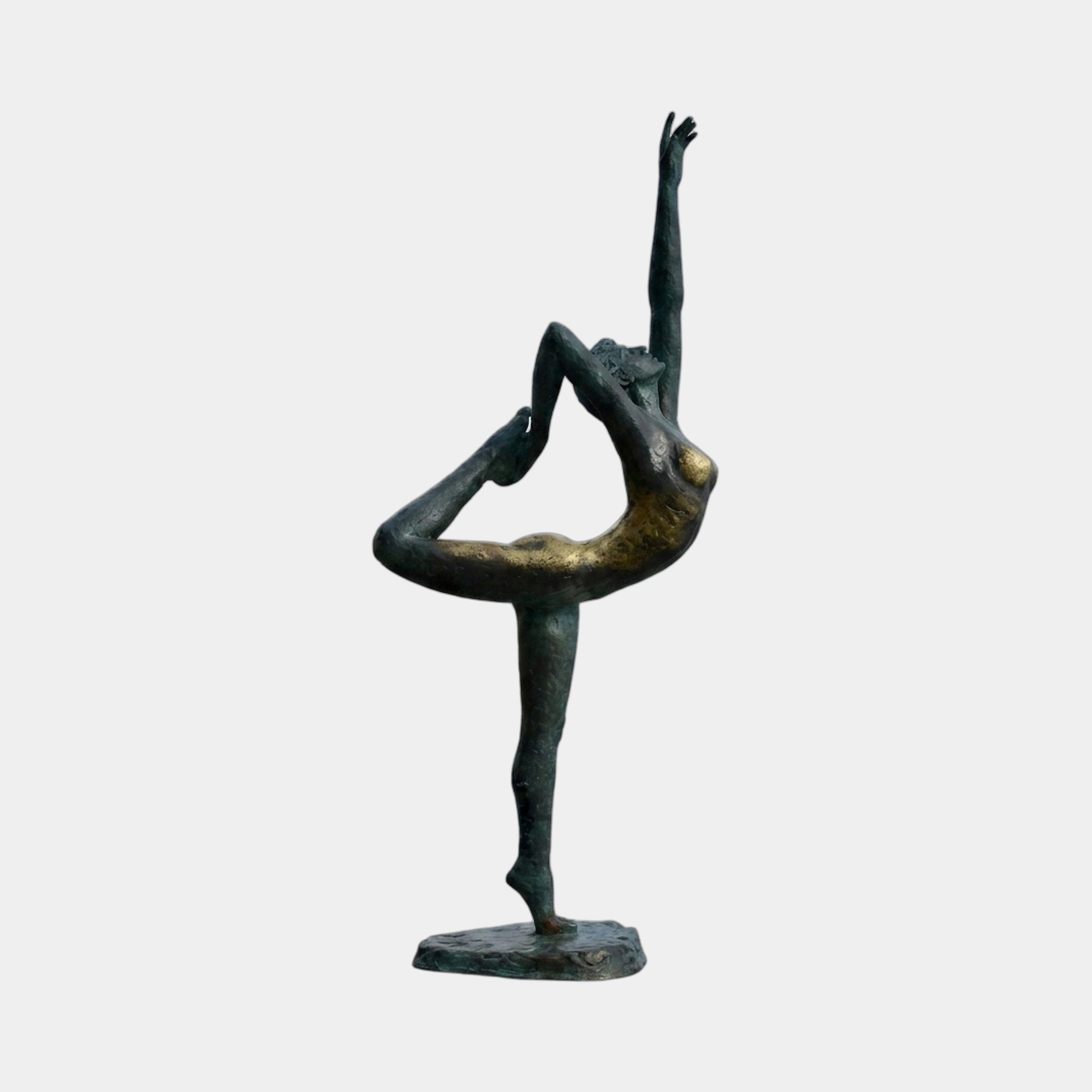 Monumental Contemporary Dancer Bronze Sculpture by Giant Sculptures in arabesque pose with verdigris and gold patina, shown against a plain light background.